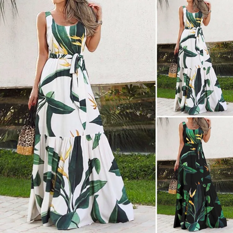 Summer Flower Print Sleeveless Long Dresses Women Elegant Casual Vacation Style Dress O Neck High Waist Leace-up Maxi Vestidos - AZJHJ