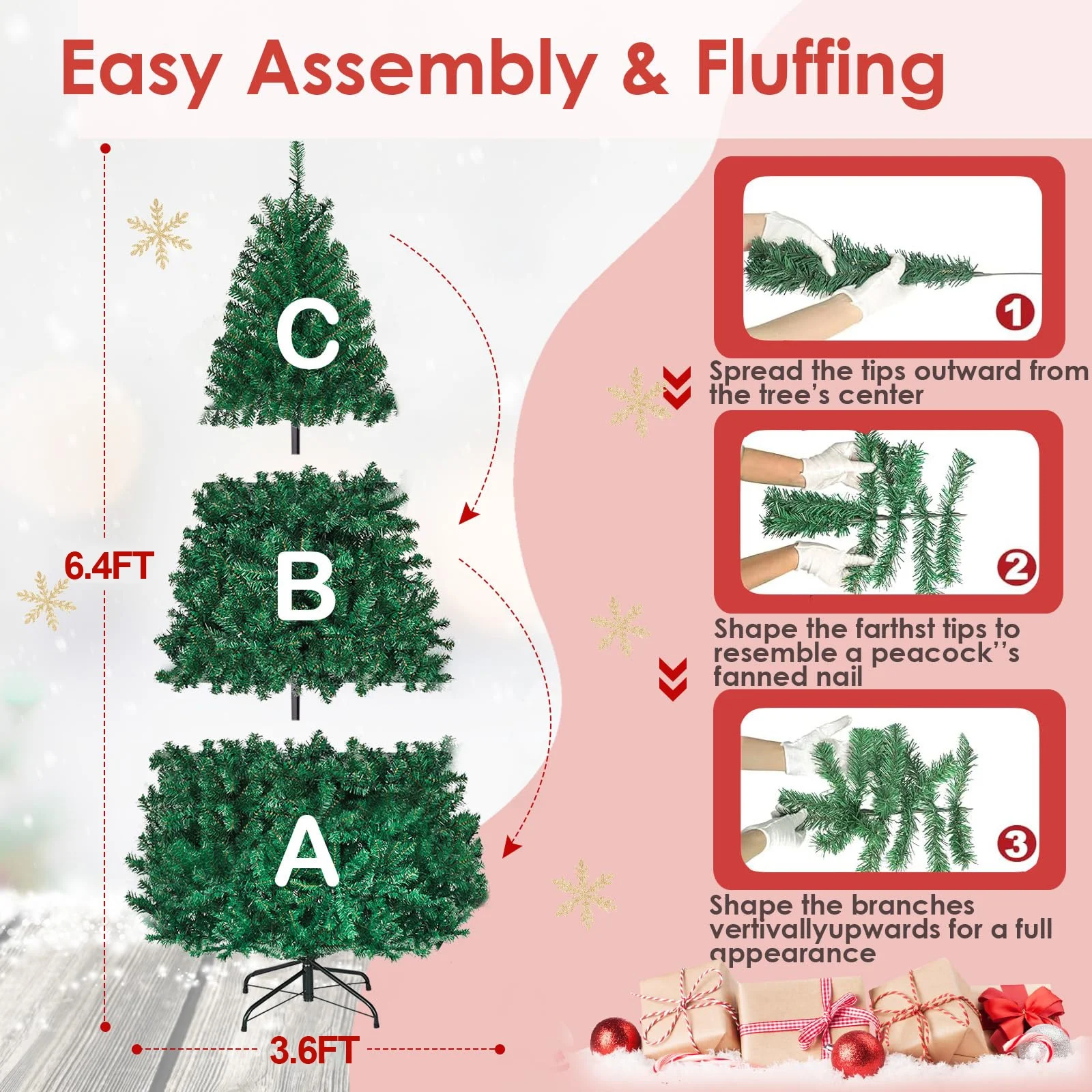 Vebreda 6FT Pre-Lit Artificial Christmas Tree with 300 Warm White LED Lights, Hinged Branch Design, Eco-Friendly PVC Needles & Foldable Metal Stand for Home, Office & Holiday D��cor - Image 6