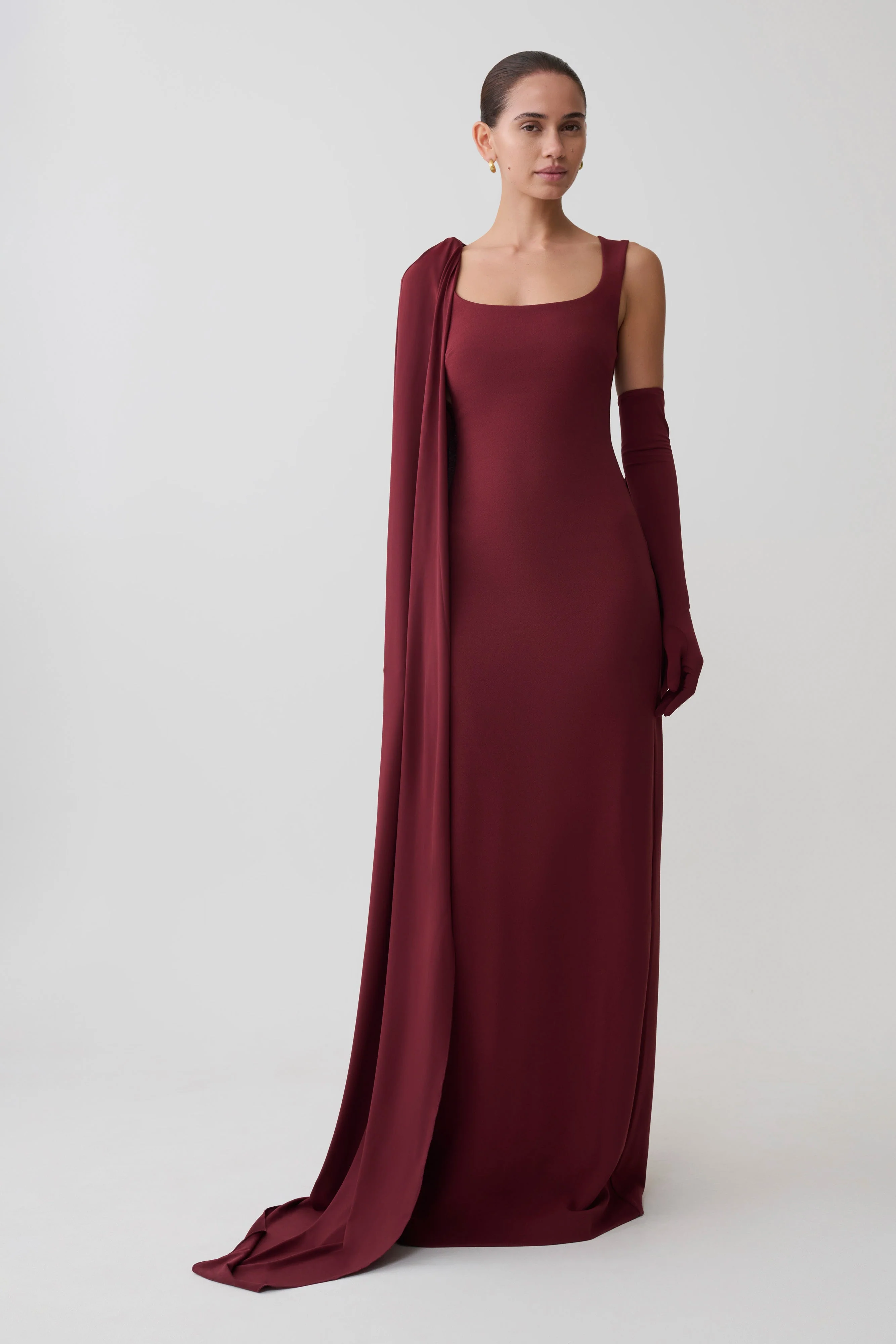 Rhea Detachable Cape Jersey Maxi Dress - Wine