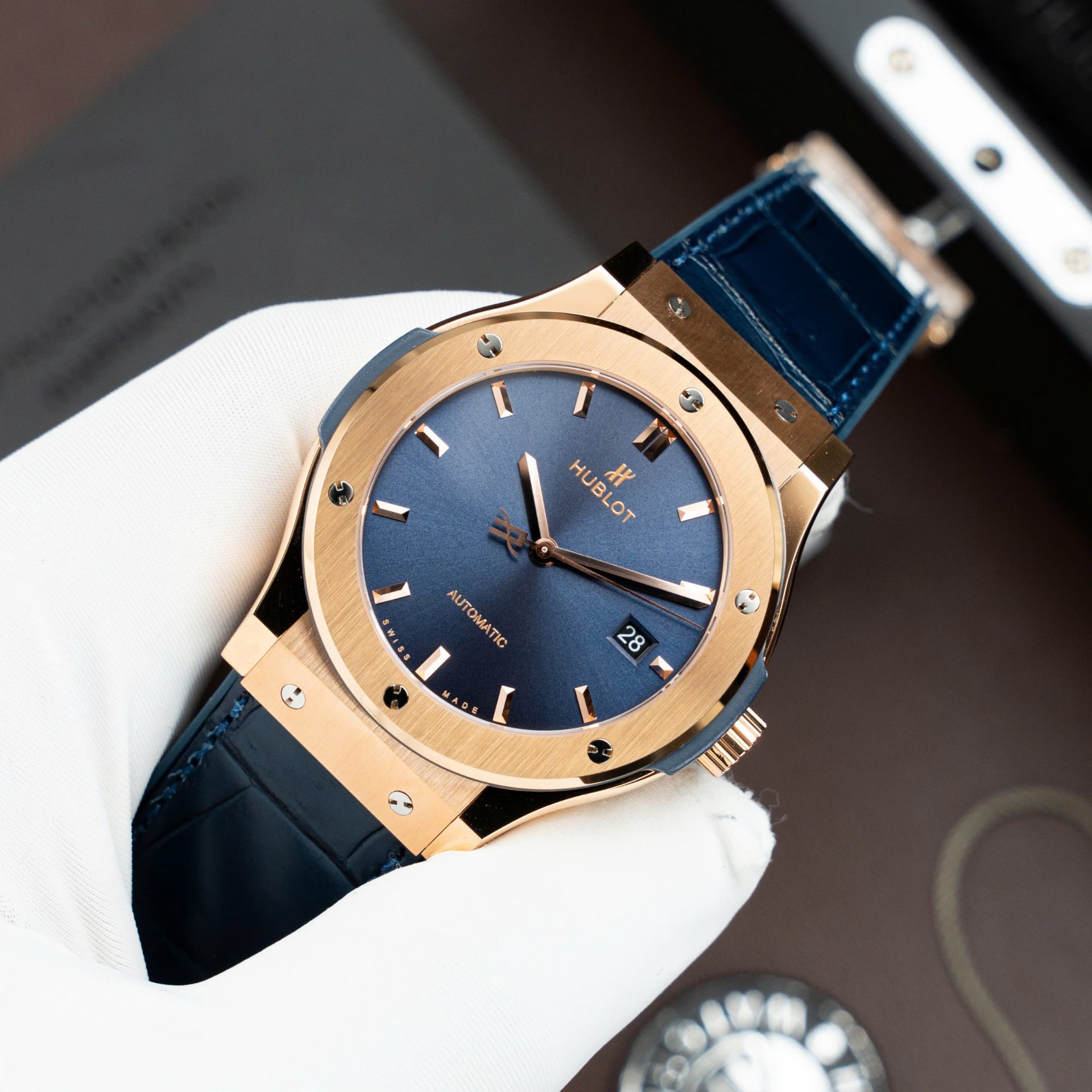 Hublot Classic Fusion King Gold Replica Watch Dial Blue Movement SW300 Crocodile Leather Strap 42mm - Elite Watch Atelier