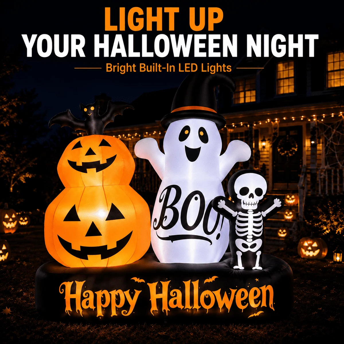 6ft Halloween Inflatable Outdoor Decorations, Lighted Pumpkin Ghost Skeleton with Bat, Built-in LED Lights, Blow Up Halloween Yard Decoration for Lawn, Porch & Party - Image 3 6ft Halloween Inflatable Outdoor Decorations, Lighted Pumpkin Ghost Skeleton with Bat, Built-in LED Lights, Blow Up Halloween Yard Decoration for Lawn, Porch & Party - Image 3