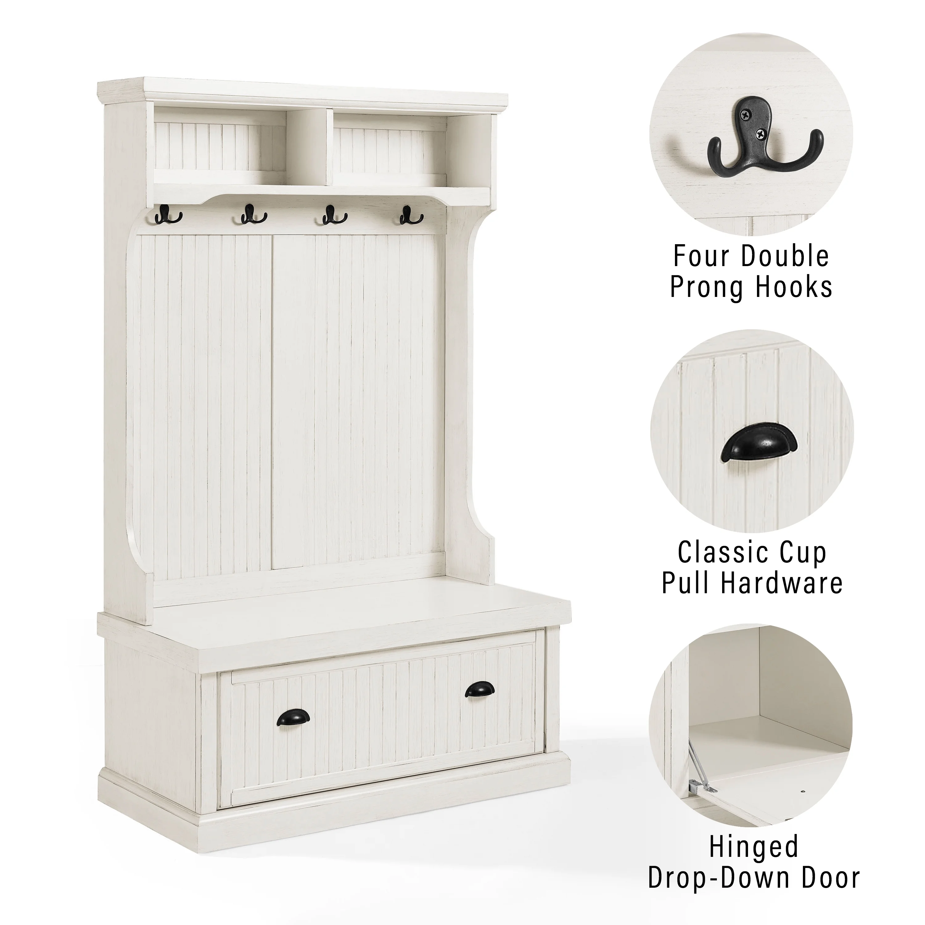 Crosley Furniture Seaside Hall Tree with Shoe Rack Bench and Coat Hooks for Hanging Storage