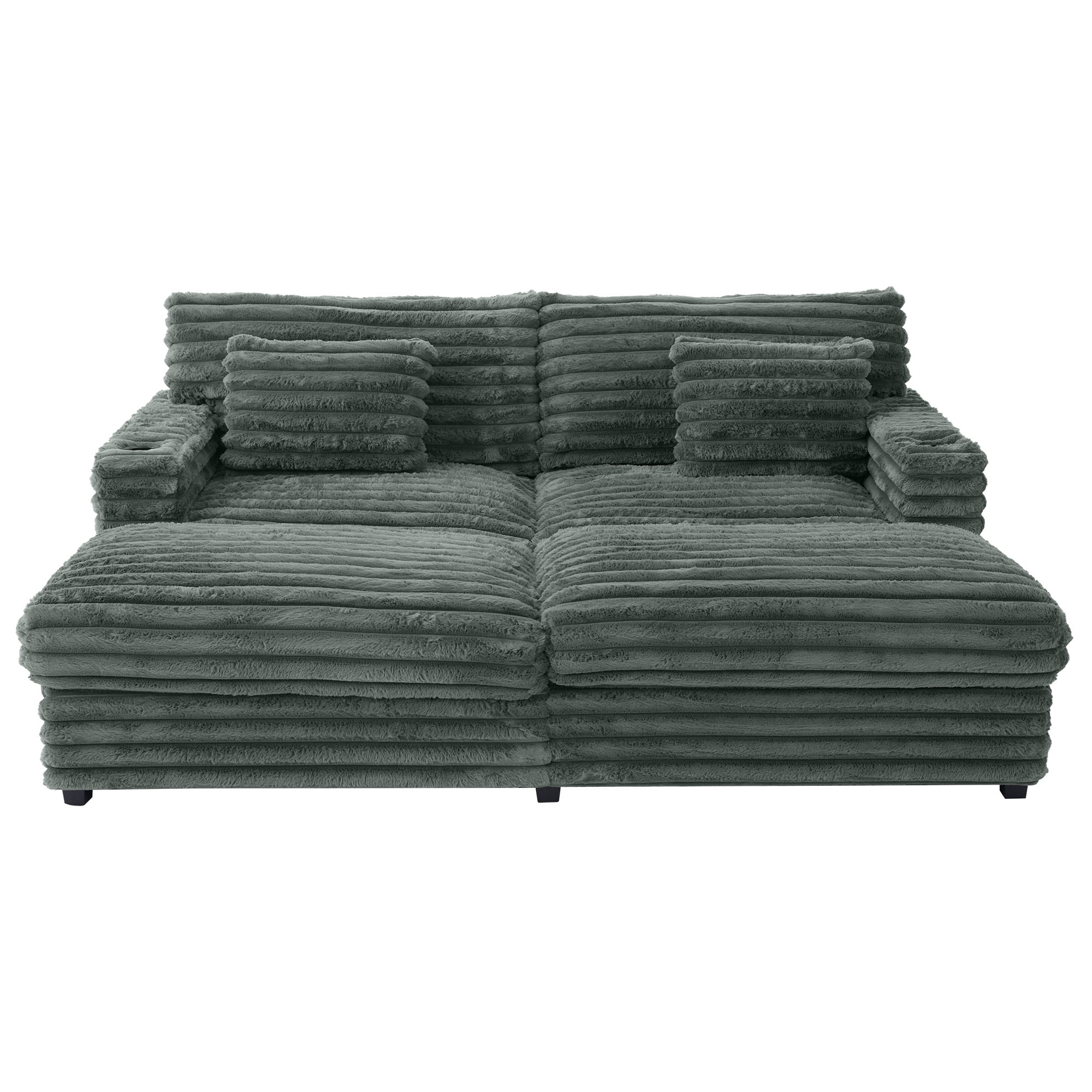 Oversized Double Chaise Lounge, Faux Fur Upholstered Deep Seat Sofa with 2 Pillows, 2 Cupholders, and Dual USB Ports - Image 51