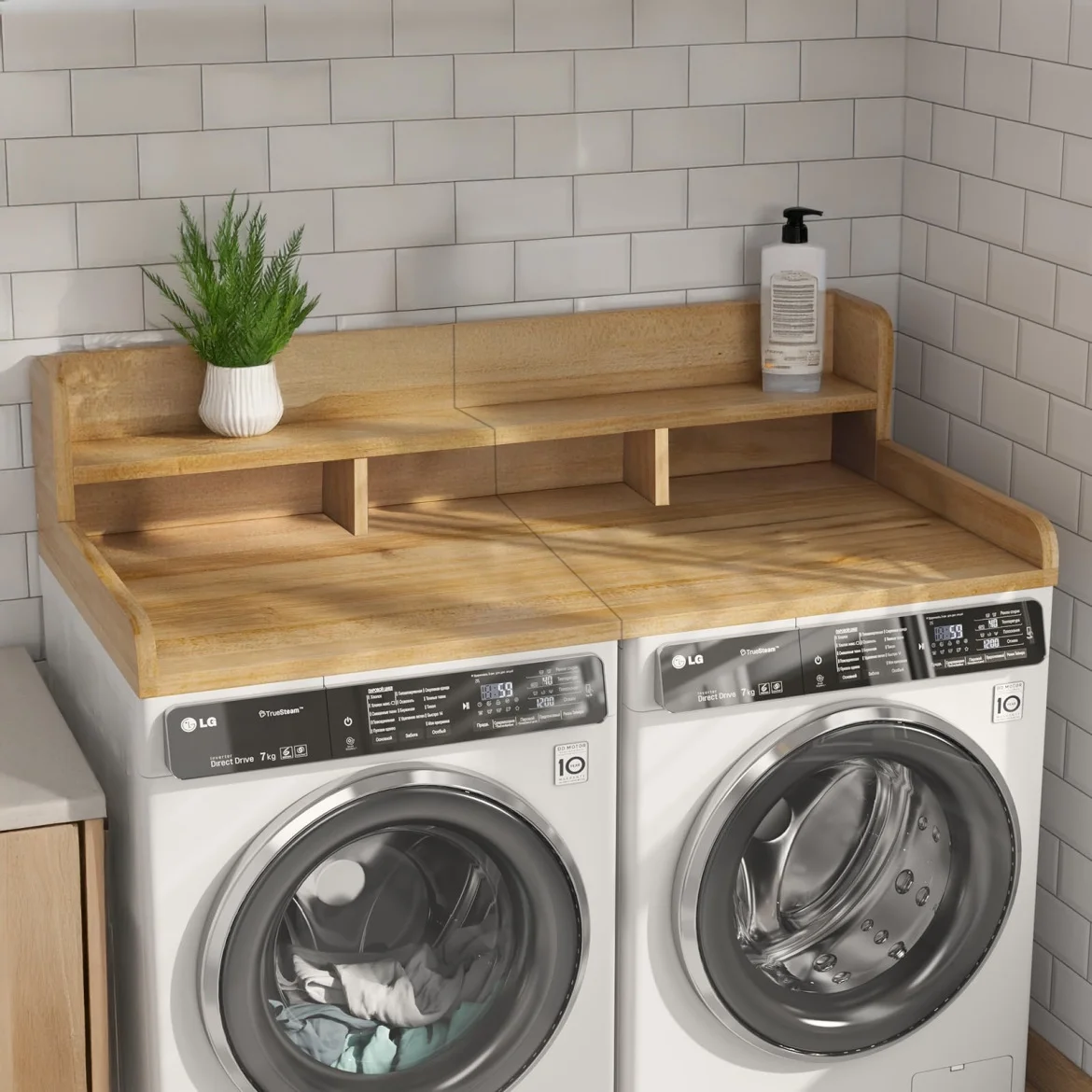 Modern Washer Dryer Countertop with 2-Tier Shelf,Laundry Room Countertop Organization Storage with 2.75" H Guard Edge Rails,Non-Slip Pad,Waterproof and Easy to Clean,54"W x 27.55"D,Natural Wood - Image 2