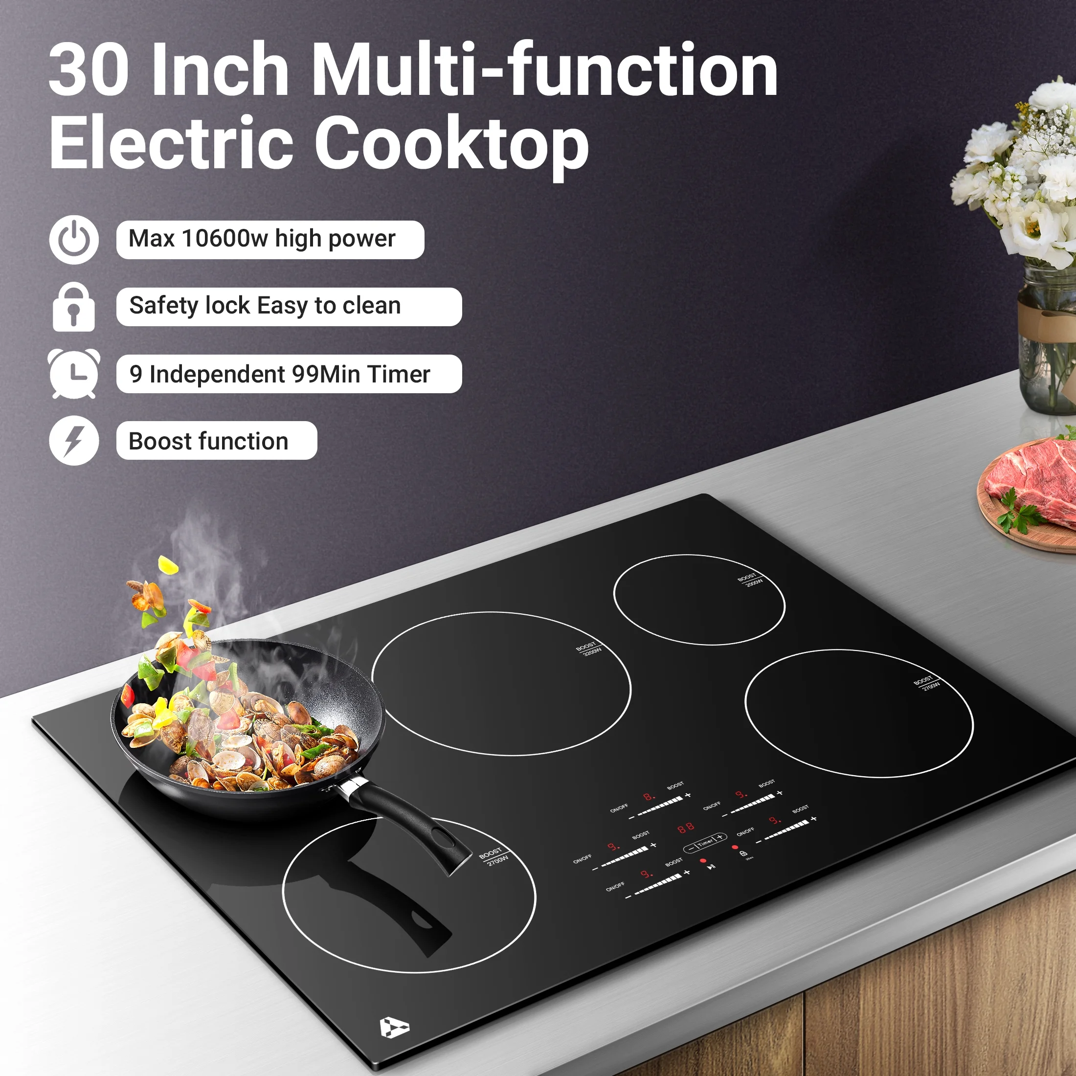 Sunmaki 30-Inch Electric Cooktop, 5-Burner Built-in Ceramic Glass Stove Top with Touch Control, 10600W