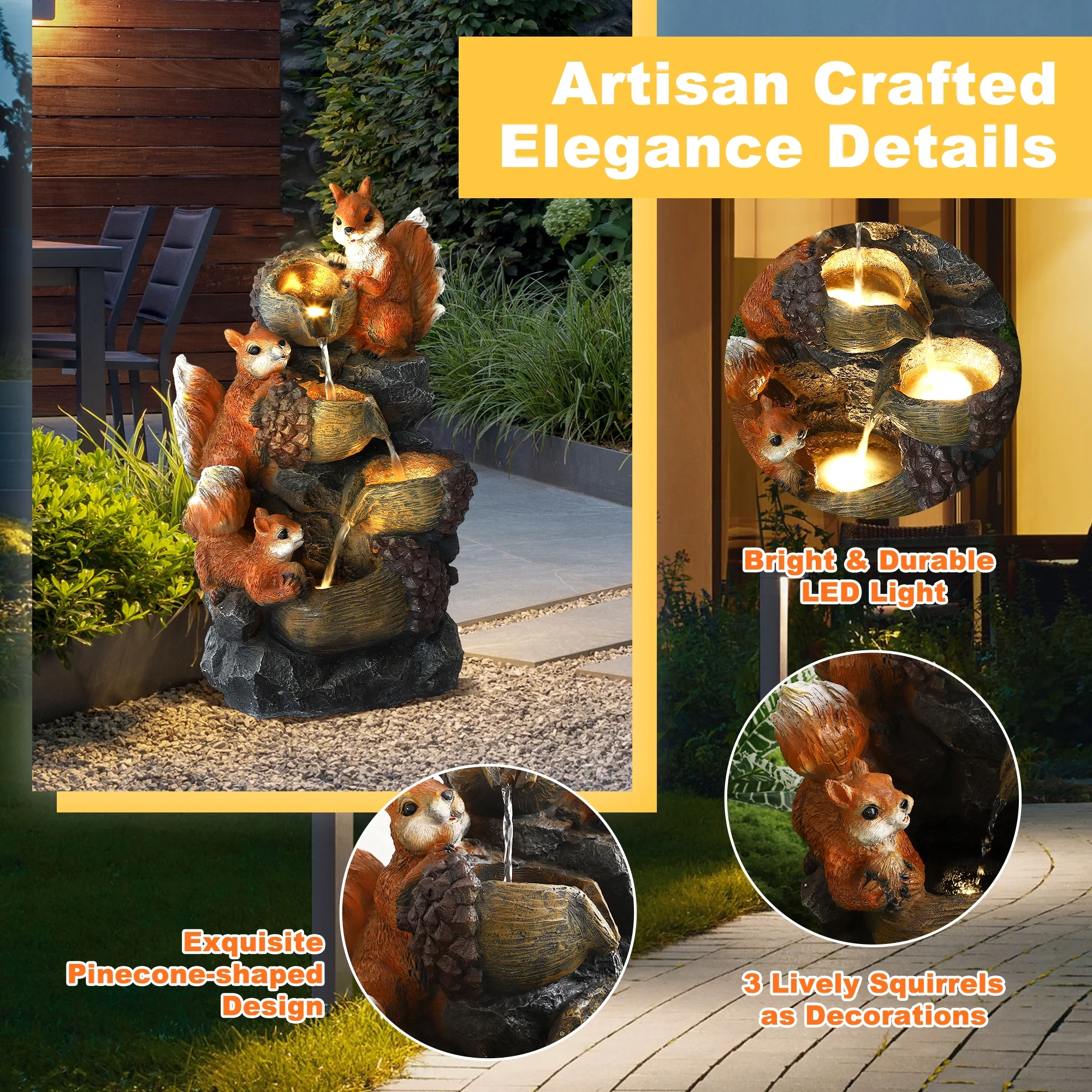 Magic Union Outdoor Water Fountain, Waterfall Indoor Outside Cascading Rock Fountain Garden Decor with Squirrels Decorations, 3 Pinecone-Shaped Rocks Patio Resin Fountains for Yard, Porch and Home