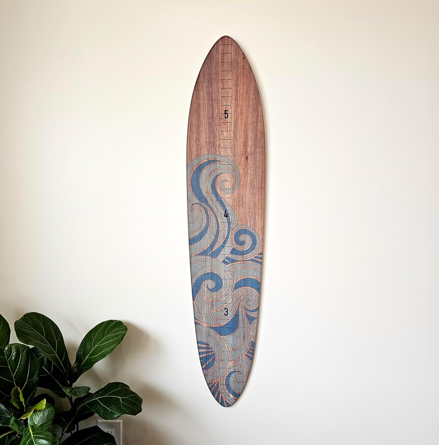 HEADWATERS STUDIO Wooden Surfboard Wall Decor Growth Chart - Surf Board Wall Decor for Kids Room, Wooden Growth Chart for Wall, Surfboard Wall Art, Surfboards for Decoration - Blue Wave (9.5