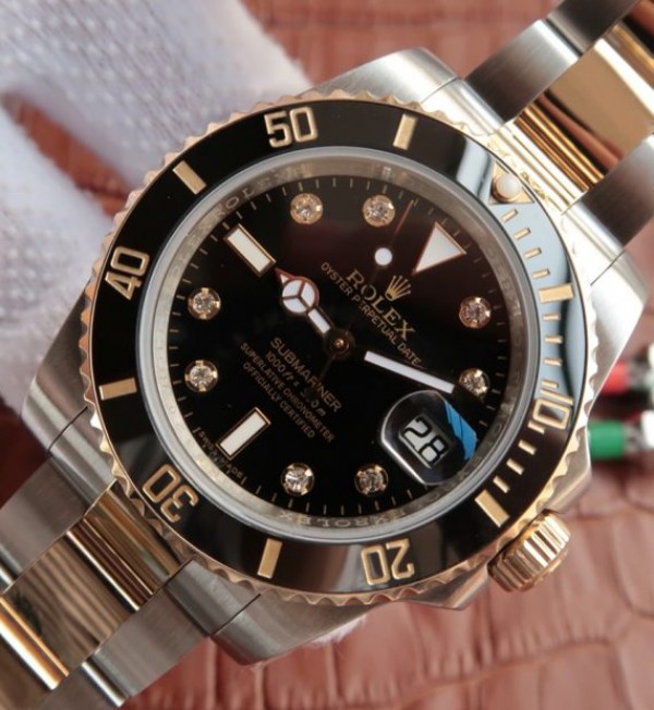 Replica Rolex Submariner 116613 LN Noob Black Dial Diamonds Markers SS/YG Bracelet A3135 - Elite Watch Atelier