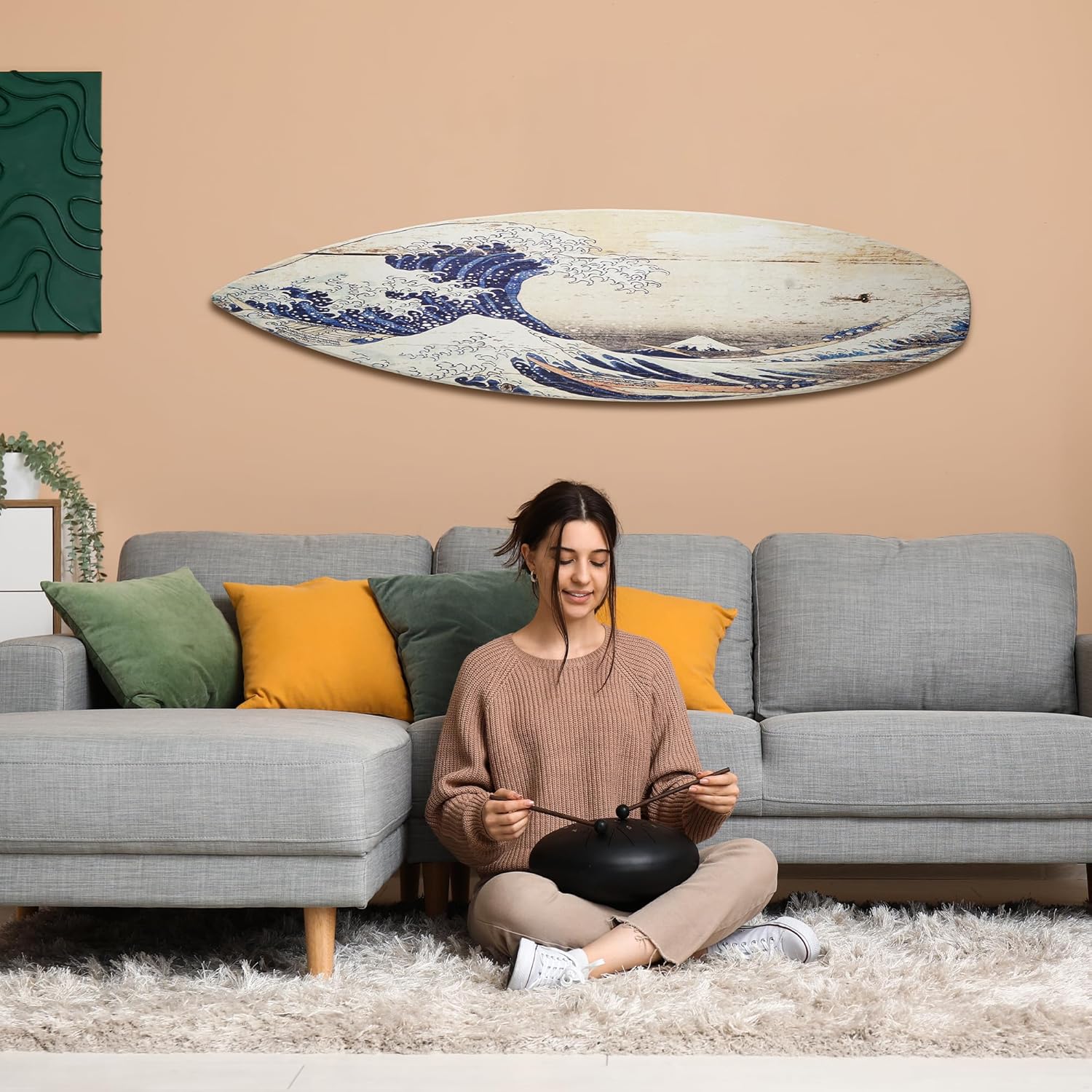 American Art Decor Surfboard Plaque Wall Sign - Beach House Wall Art - Large Tropical/Coastal Home Decor for Living Room, Bedroom, Bathroom, Patio, or Bar (The Great Wave off Kanagawa Wood, 60