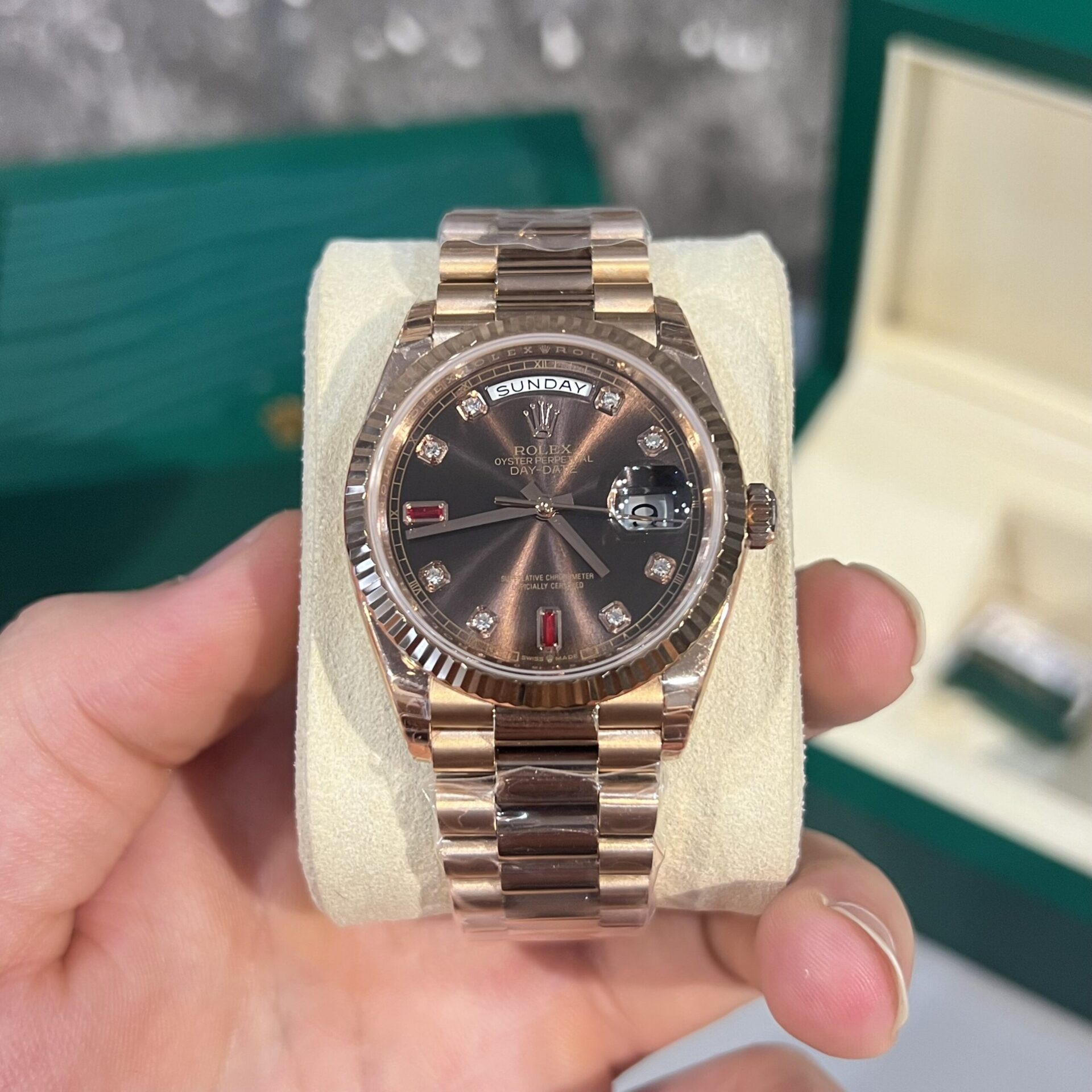 Rolex Replica 1:1 Watch Day-Date Chocolate Dial With Ruby Numbers 36/40mm - Elite Watch Atelier