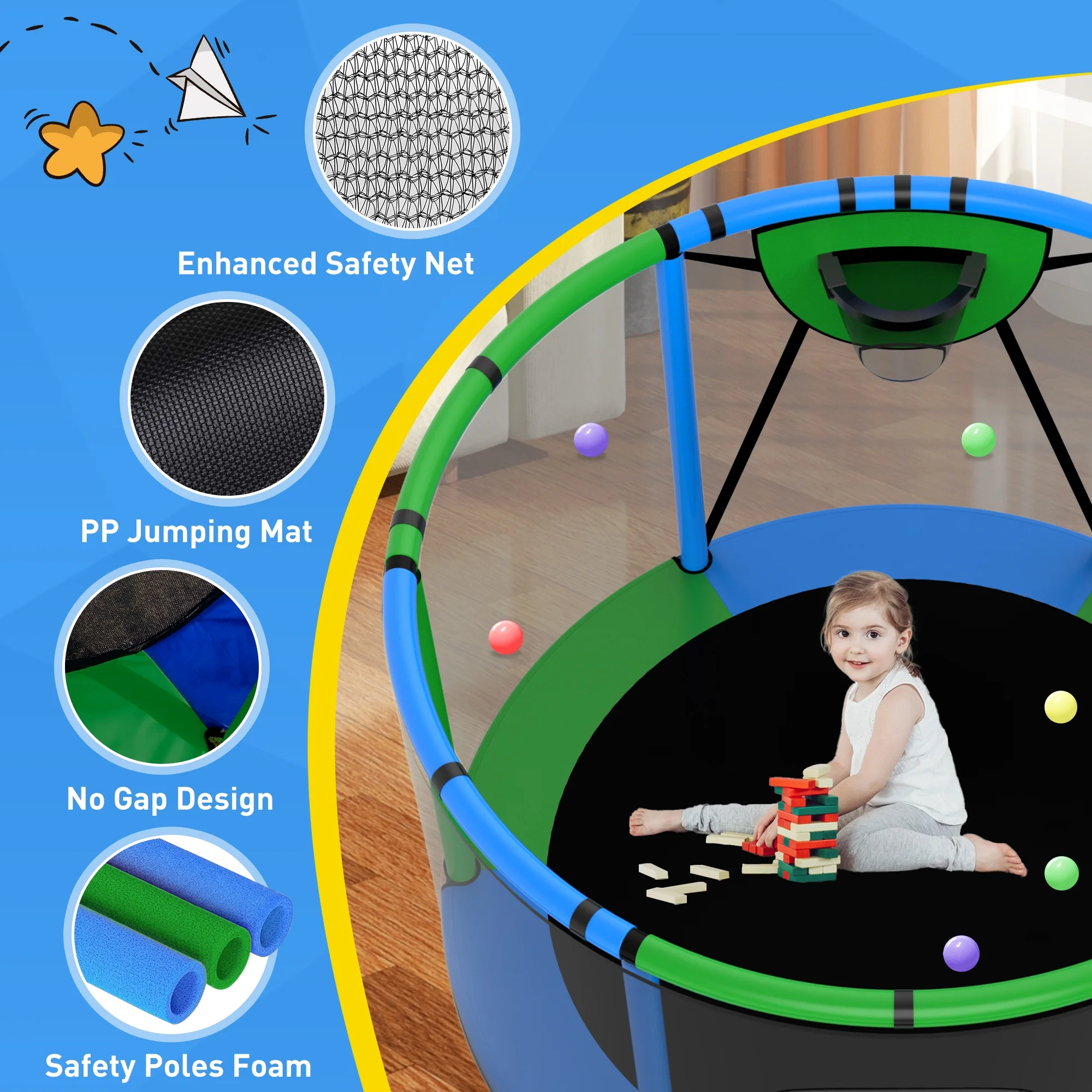 CITYLE Trampoline for Kids 600LBS 60'' 5FT Toddler Trampoline Indoor Outdoor with Basketball Hoop, Swing, Adjustable Bar, Mini Small Trampoline with Enclosure, Gifts for Toddlers, Boys & Girls - Image 13