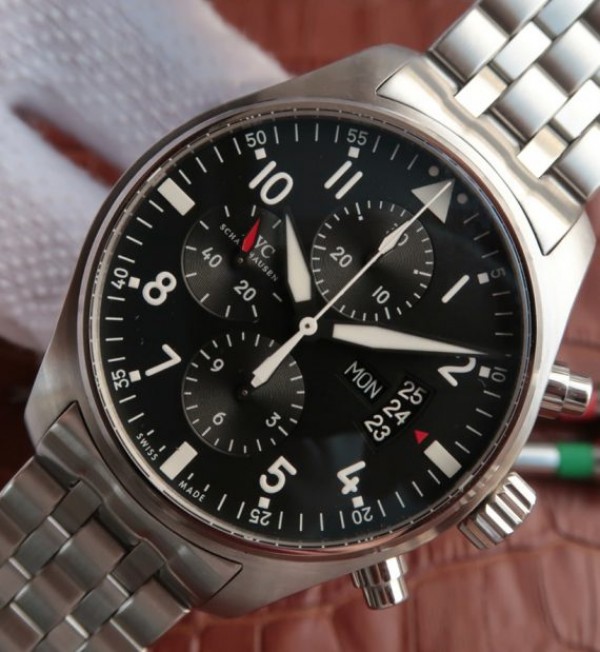 Replica IWC V6 Pilot Chrono IW377704 Black Dial SS Bracelet A7750 - Elite Watch Atelier