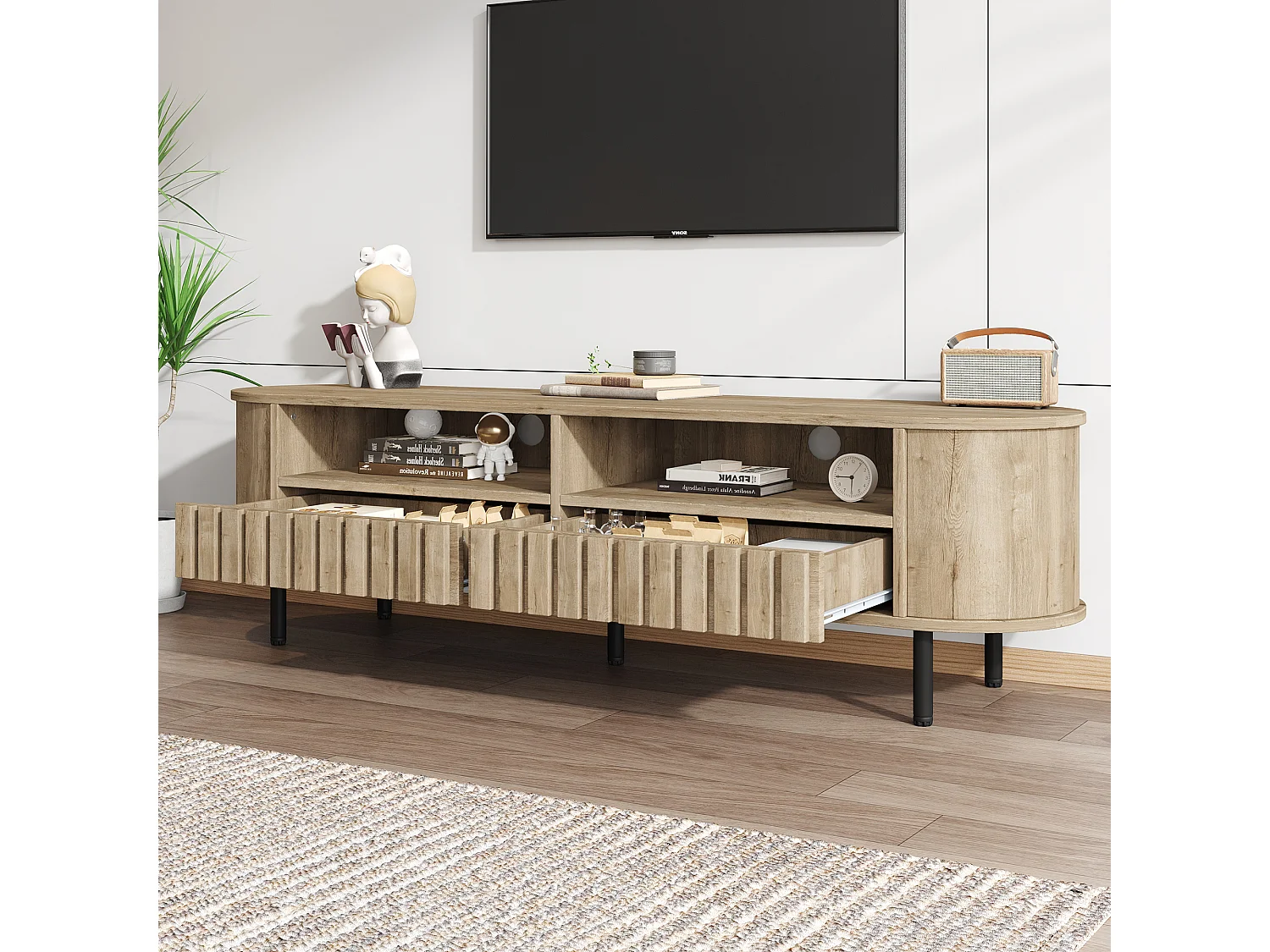 Meuble TV de salon - 160 x 40 x 48 cm - avec 2 tiroirs + étagère - pour TV 65 pouces - MDF - naturel
