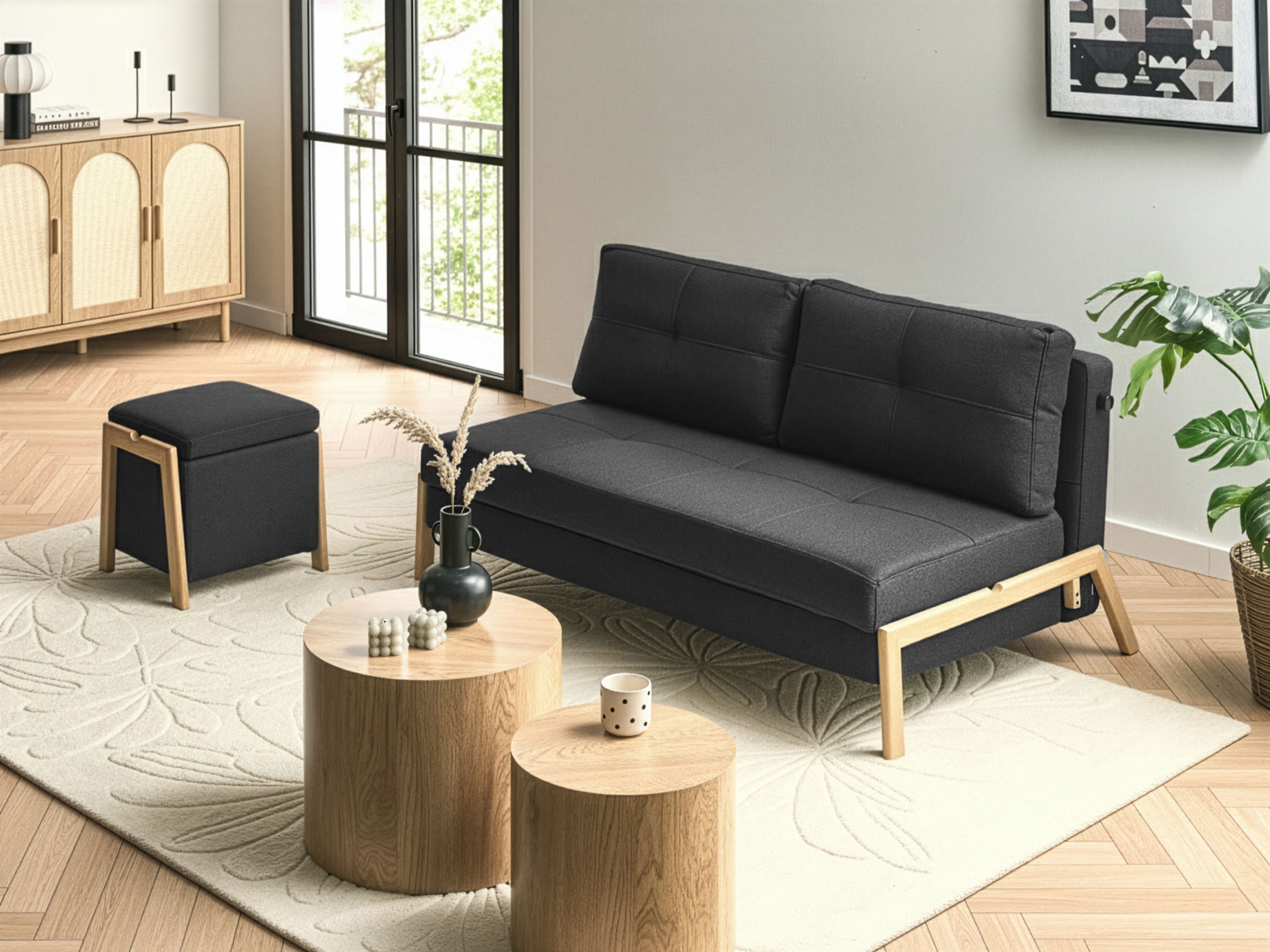 Living Room Set 3 Seater EDLAND Fabric Black with Pouffe
