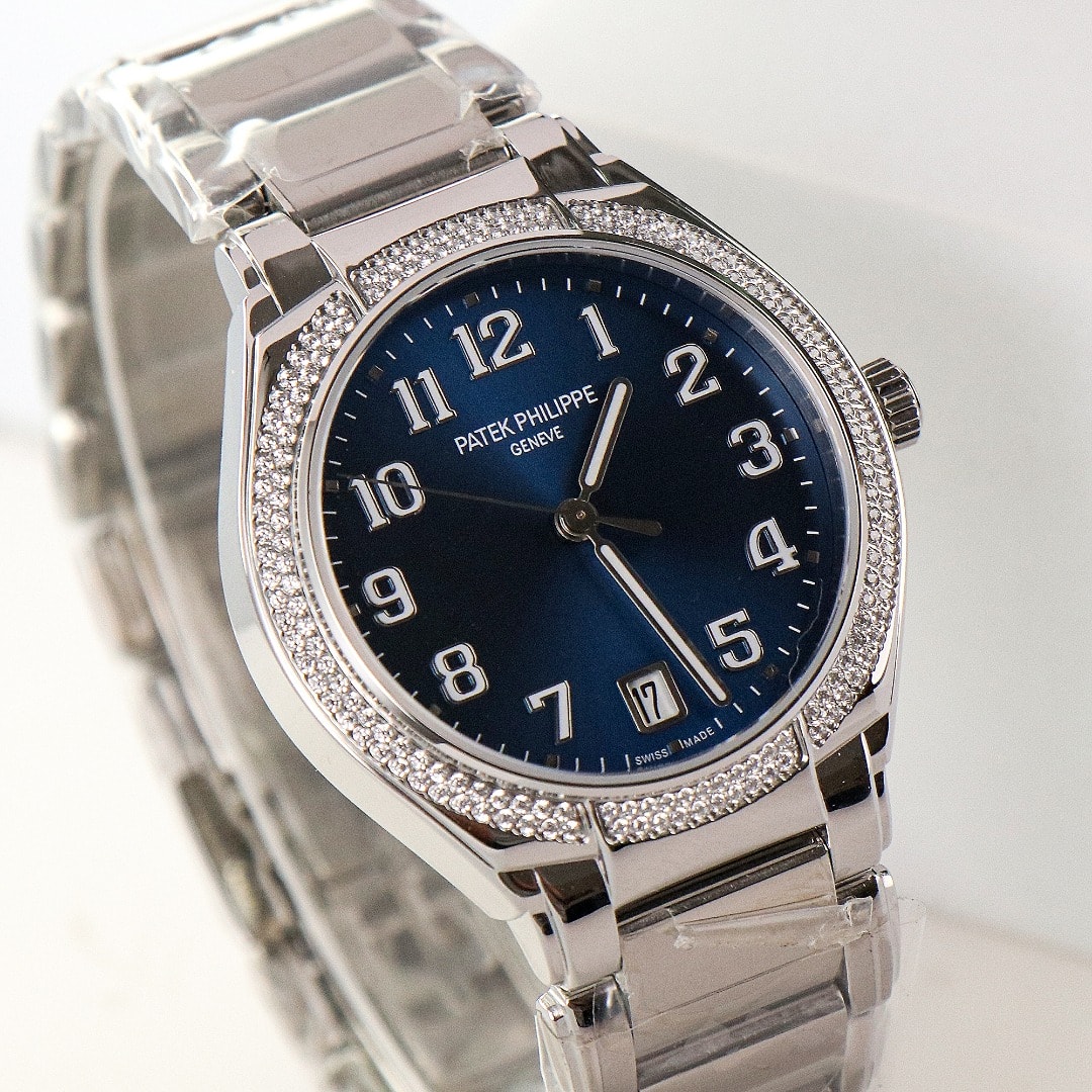 Fake Diamond Watch Replica Patek Philippe Twenty~4 Ladies Stainless Steel Blue Sunburst Dial 7300/1200A-001(1:1 replica) - Top club