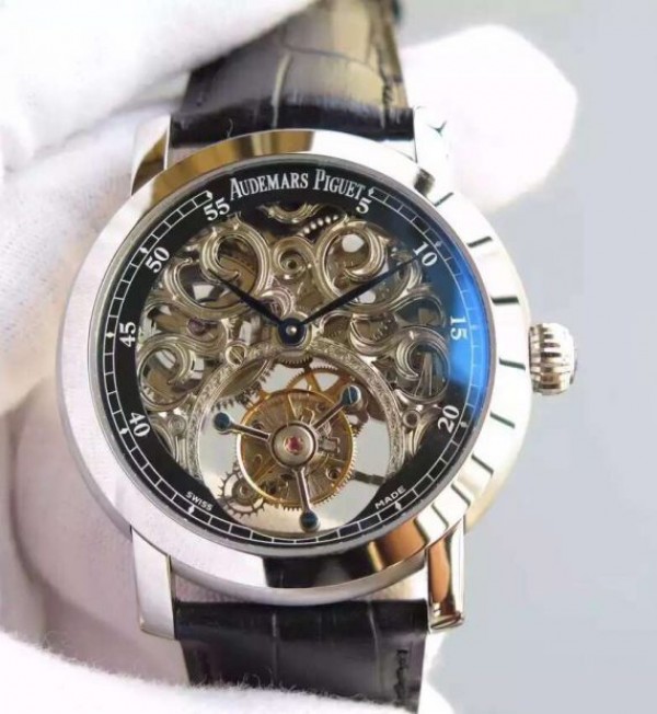 Replica Audemars Piguet Jules Audemars Skeleton Tourbillon SS Black Dial Leather Strap - Top club
