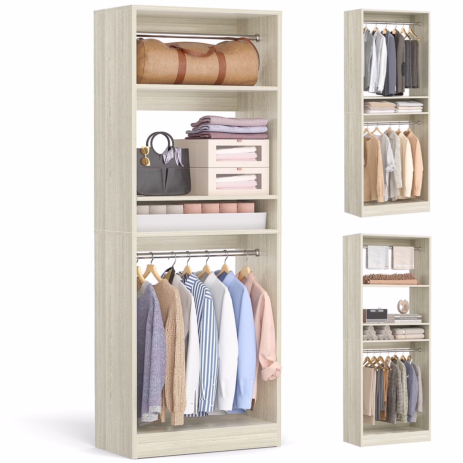 Homieasy 25�?Closet System, Freestanding Closet Organizer Wardrobe with Hanging Rods and Shelves, Adjustable Clothes Garment Rack, Sturdy Walk in Closet Tower, White - Image 3
