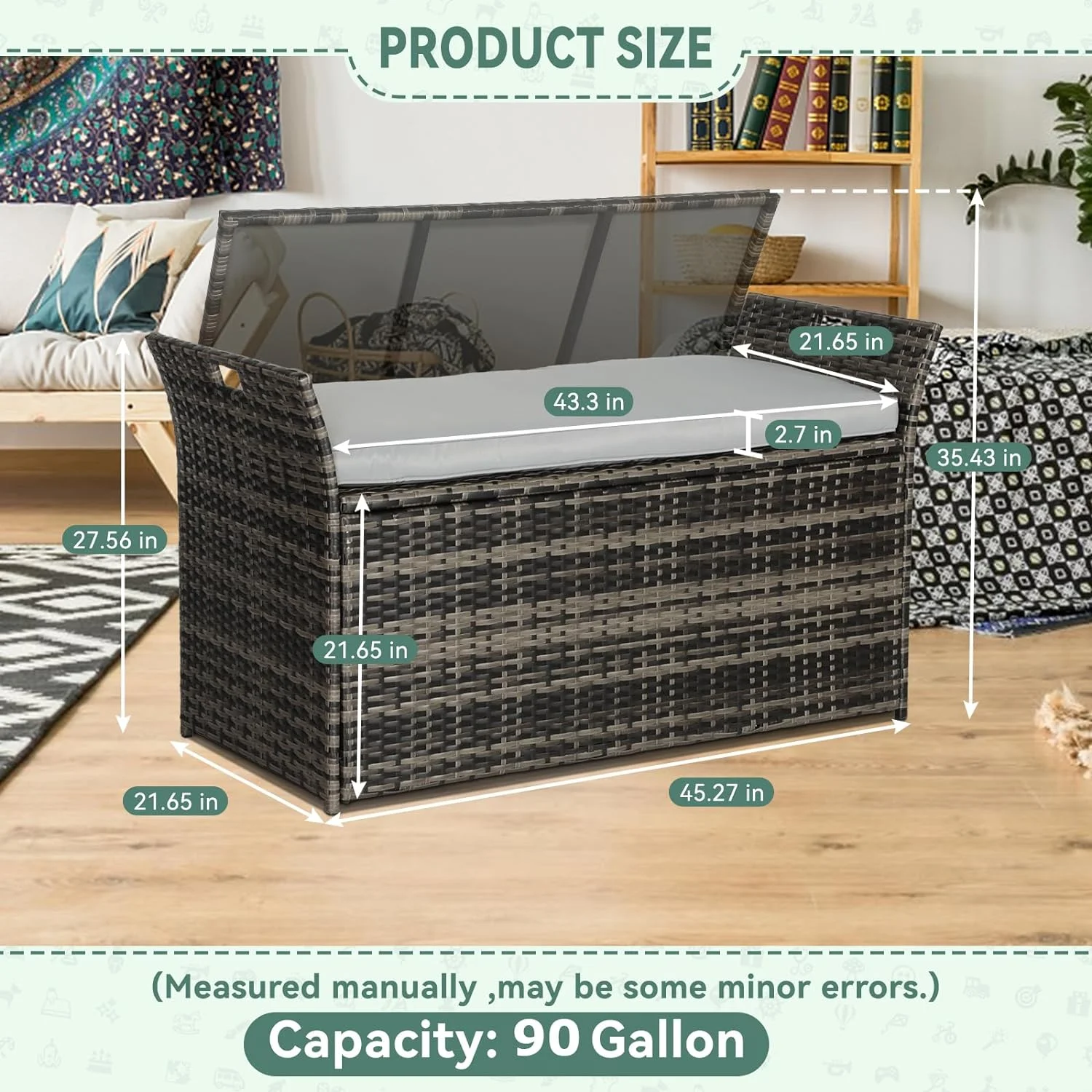 SOLAURA 90 Gallon Patio Wicker Storage Bench w/Cushion, Outdoor Rattan Deck Storage Box w/Handles & Hydraulics, Gray - Image 5