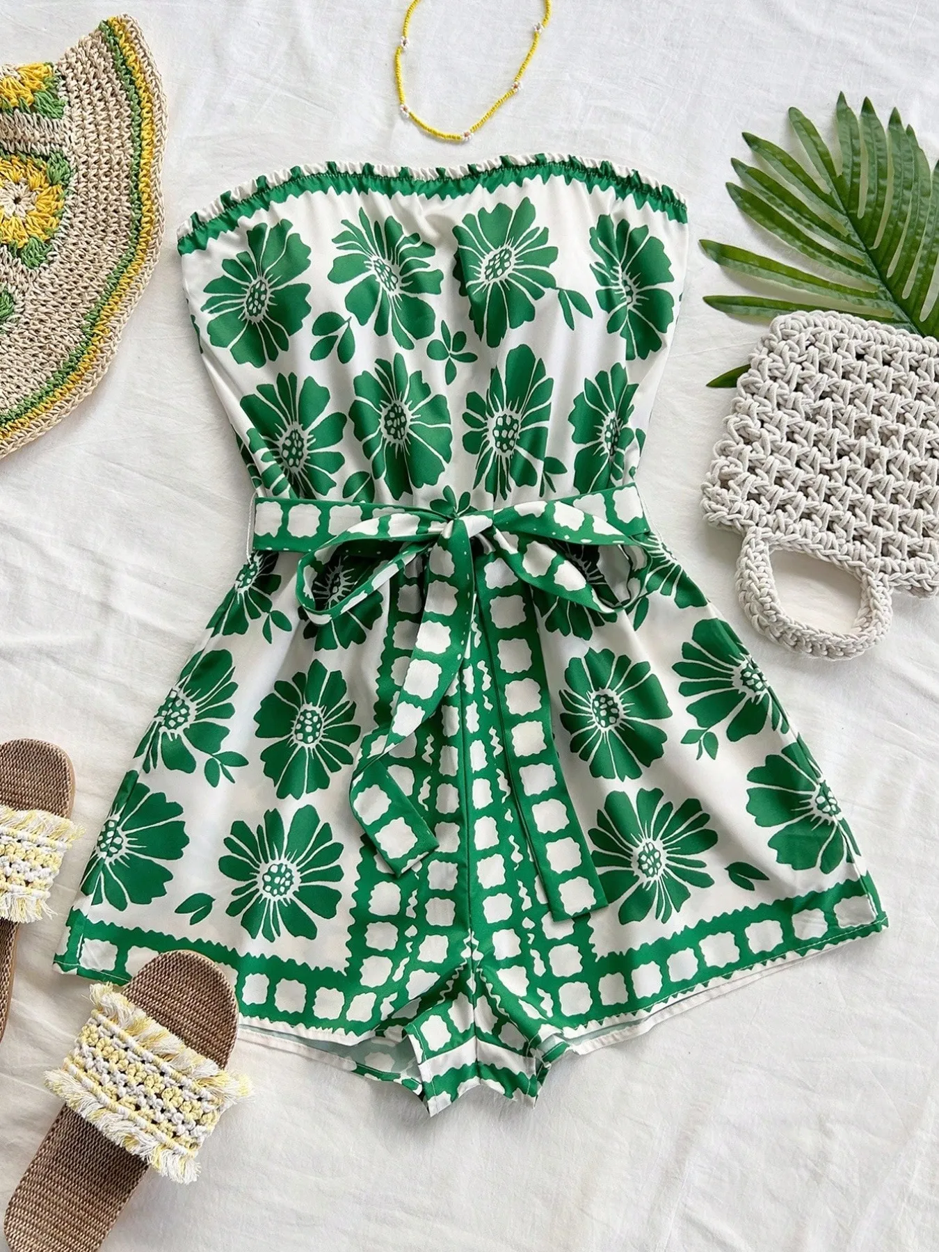 Printed Tube Tie Waist Romper - ZKZOOK