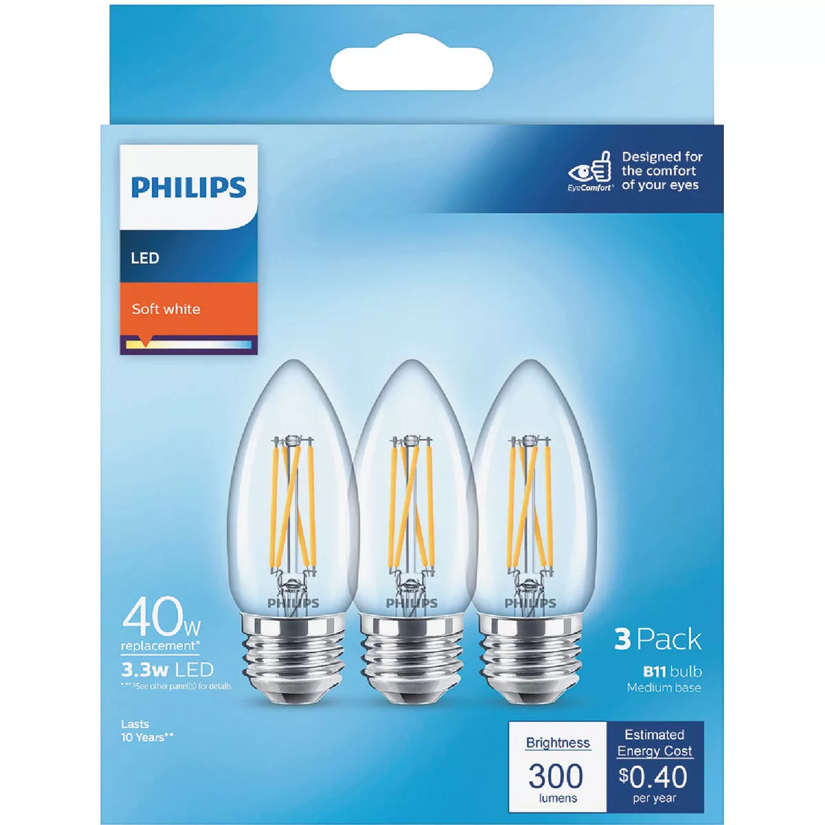 Philips 40W Equivalent Soft White B11 Medium Clear LED Decorative Light Bulb (3-Pack)