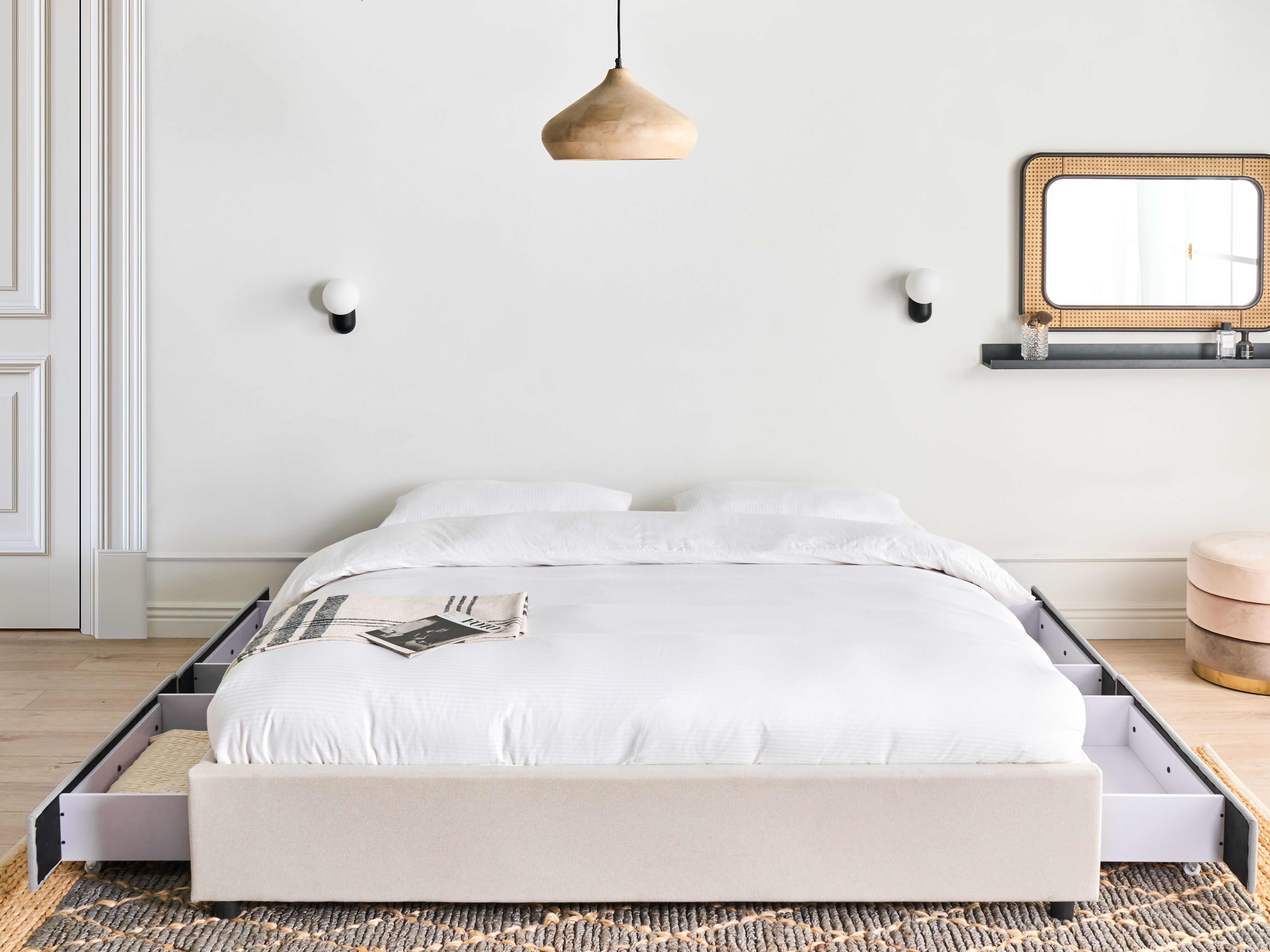 Bed with Storage Drawers without Headboard Fabric PRADES 180 x 200 cm (EU Super King) Light Beige