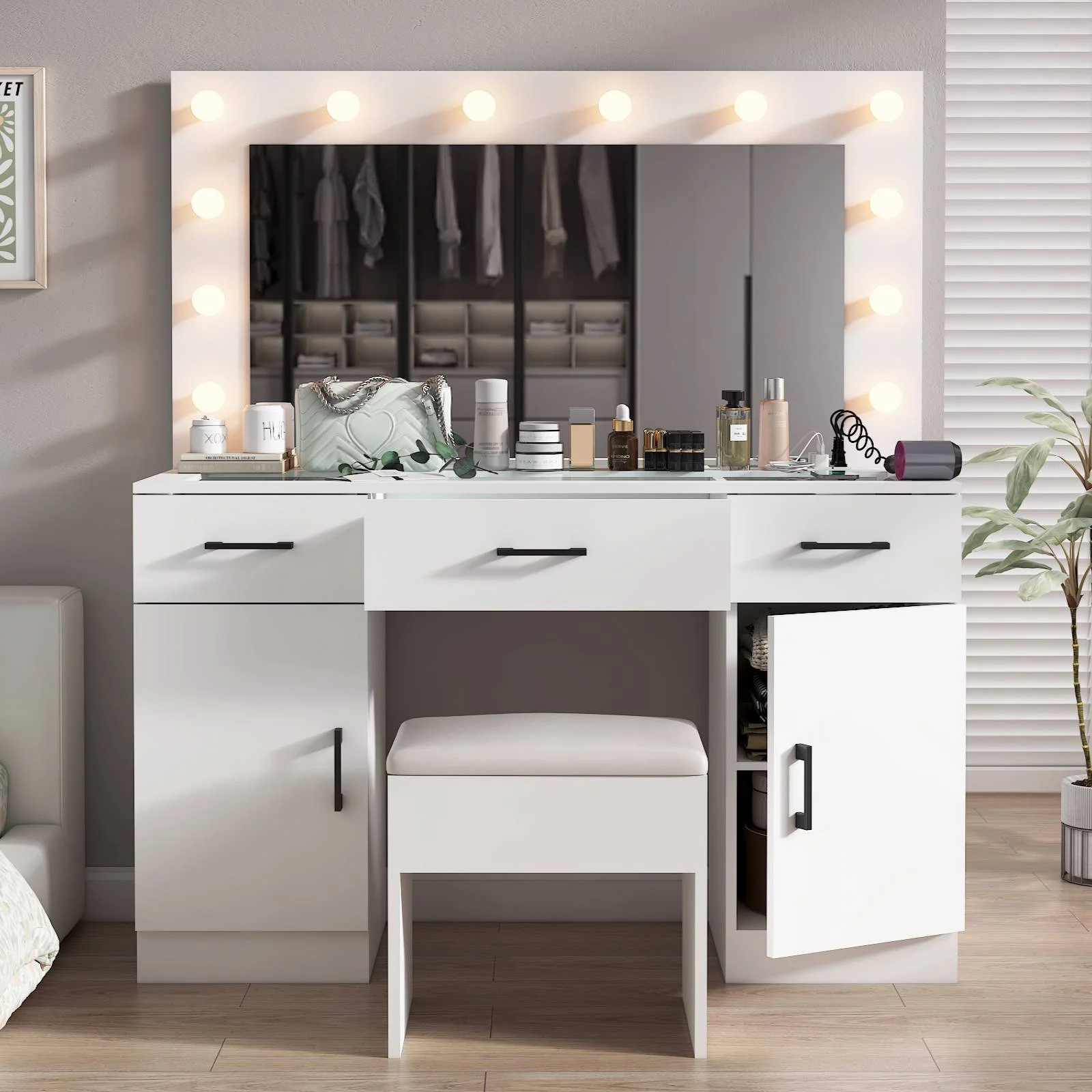 Ktaxon Large Makeup Vanity, Vanity Table Set w/ Visible Glass Top w/ Charging Station, White - Image 82