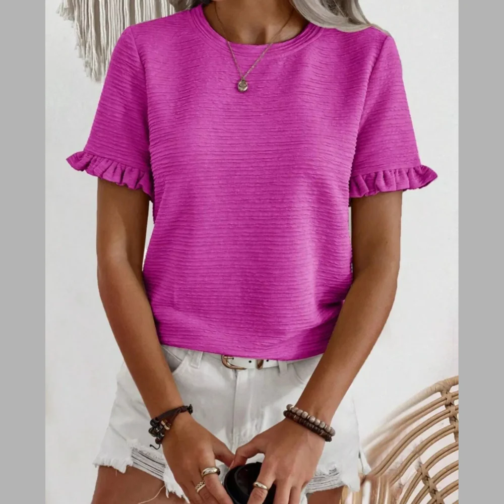 Textured Ruffle Sleeve Round Neck T-Shirt - ZKZOOK