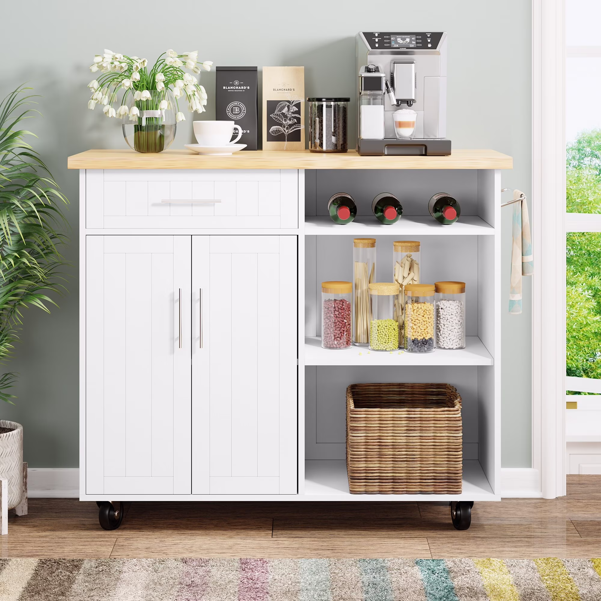 Futzca  Kitchen Island Cart on Wheels with Large Worktop,Storage Cabinet,Towel Rack and Drawers - N/A Black