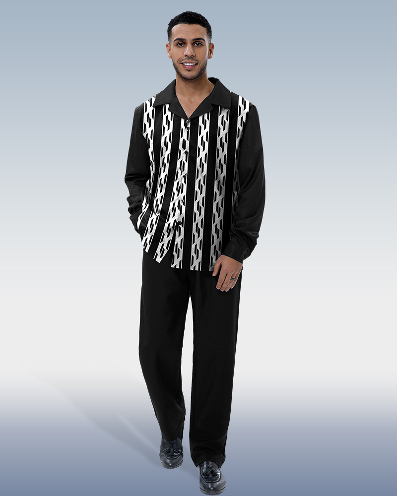 Black Casual Long Sleeve Shirt Walking Suit 001