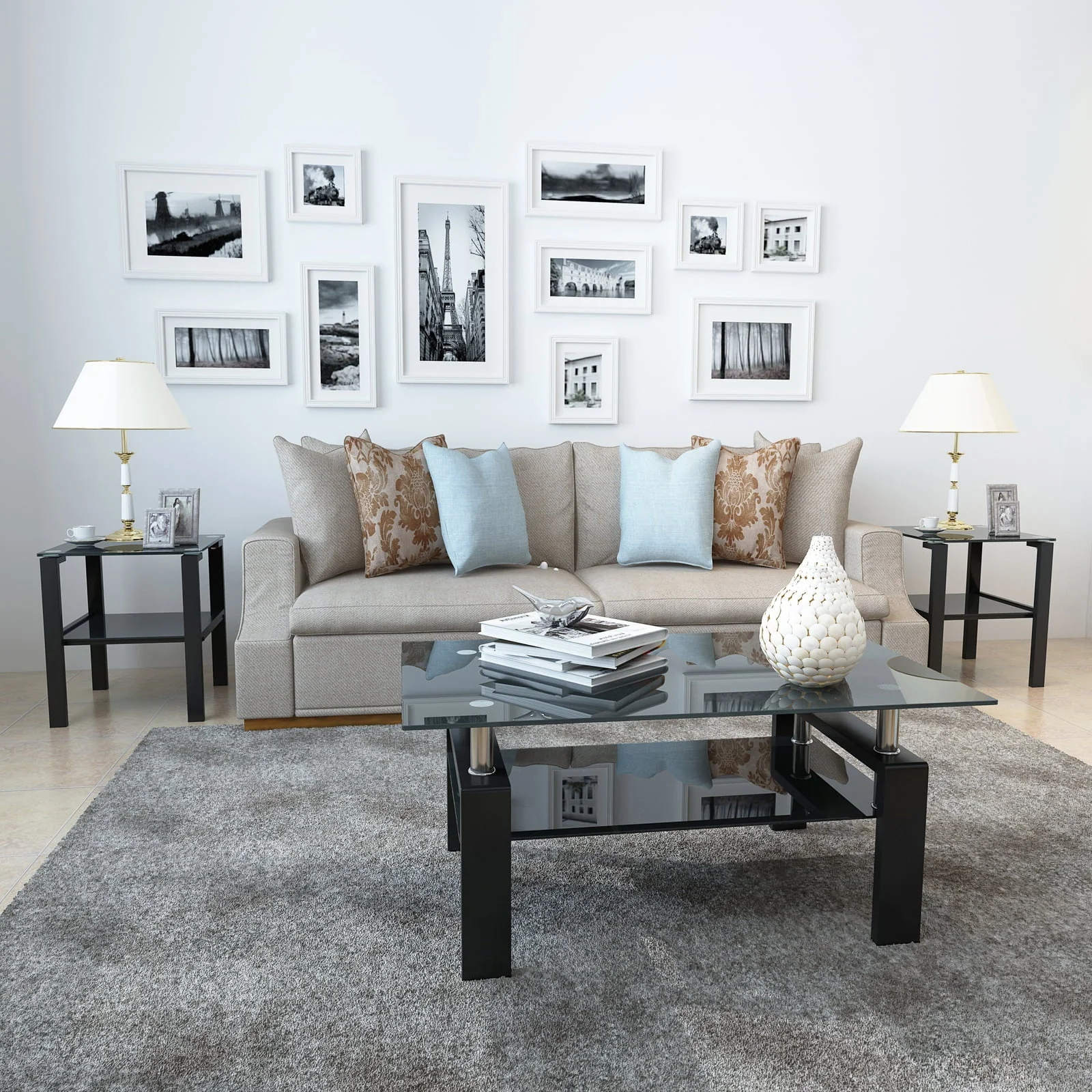 Black Glass Coffee Table Set of 3 Piece, Living Room Table Set of 3, Black Coffee Table and End Coffee Table Sets, Metal Frame (All Black A, Set of 3) - Image 6