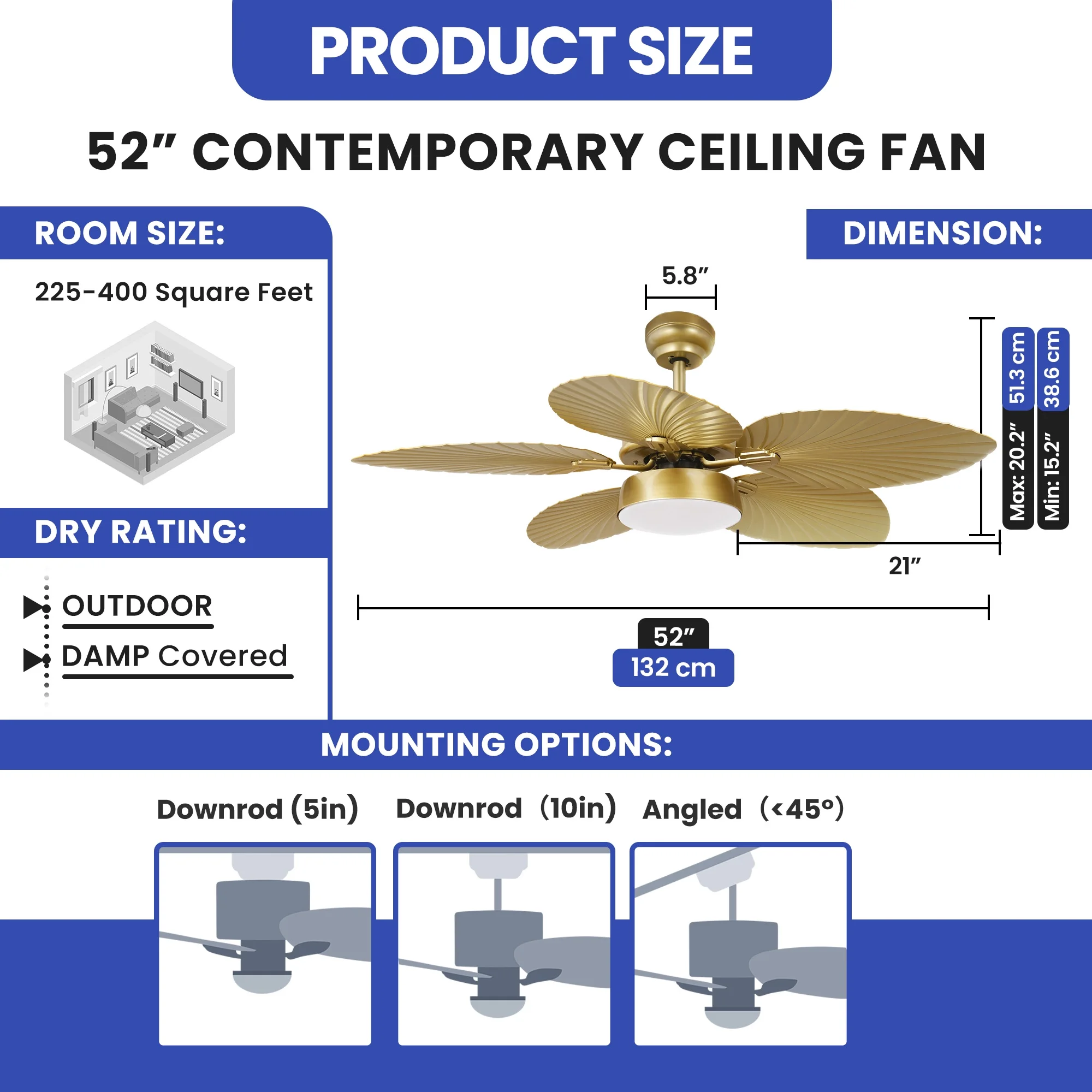 ModFusion 52" Gold Tropical Ceiling Fan with LED Light & Remote �C Palm Leaf Blades, Quiet Reversible DC Motor Indoor/Outdoor - Image 3