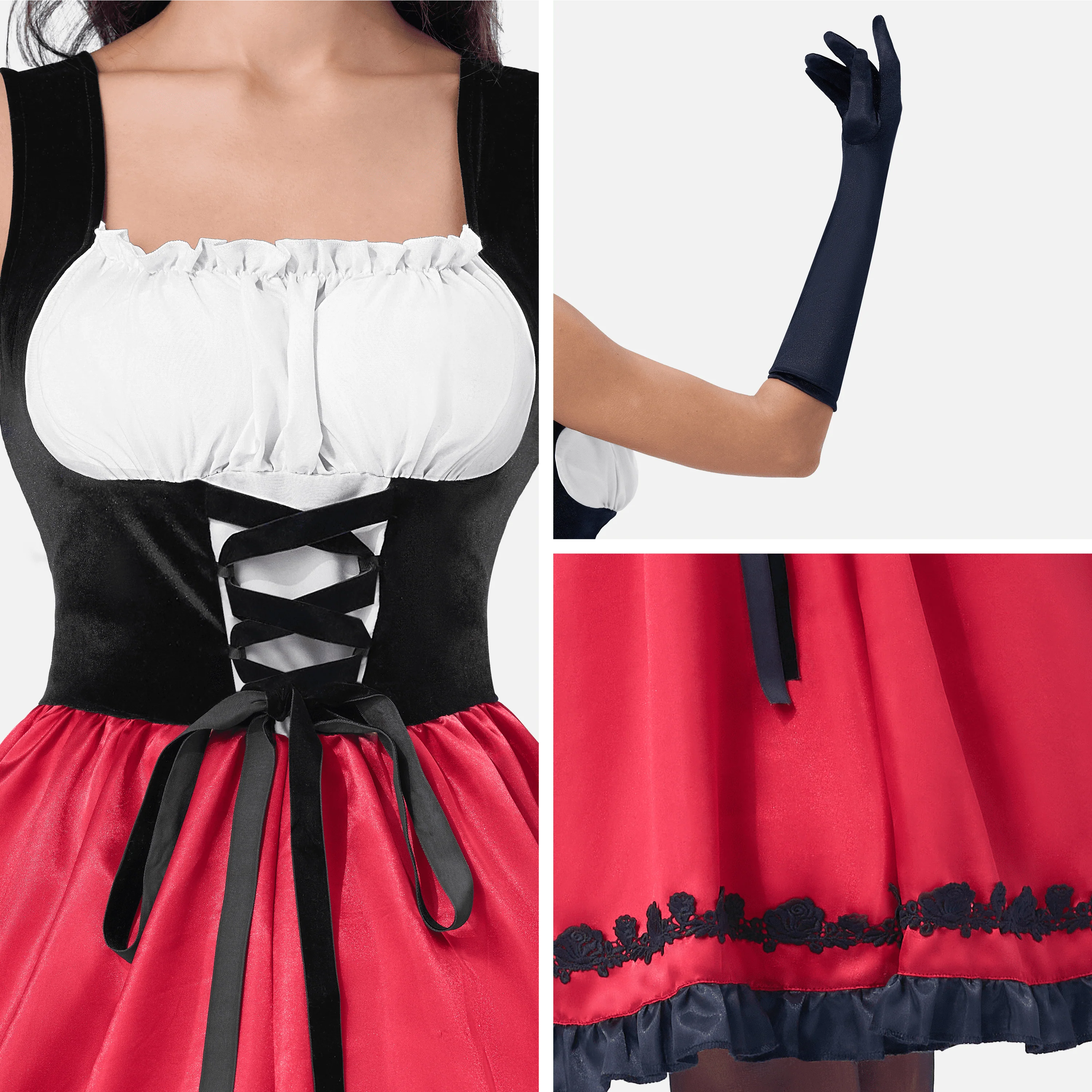 Joyfy Women Little Red Riding Hooded Costume with Dress, Cape and Gloves, Adult Women Halloween Costume for Halloween Party Cosplay - Image 2 Joyfy Women Little Red Riding Hooded Costume with Dress, Cape and Gloves, Adult Women Halloween Costume for Halloween Party Cosplay - Image 2