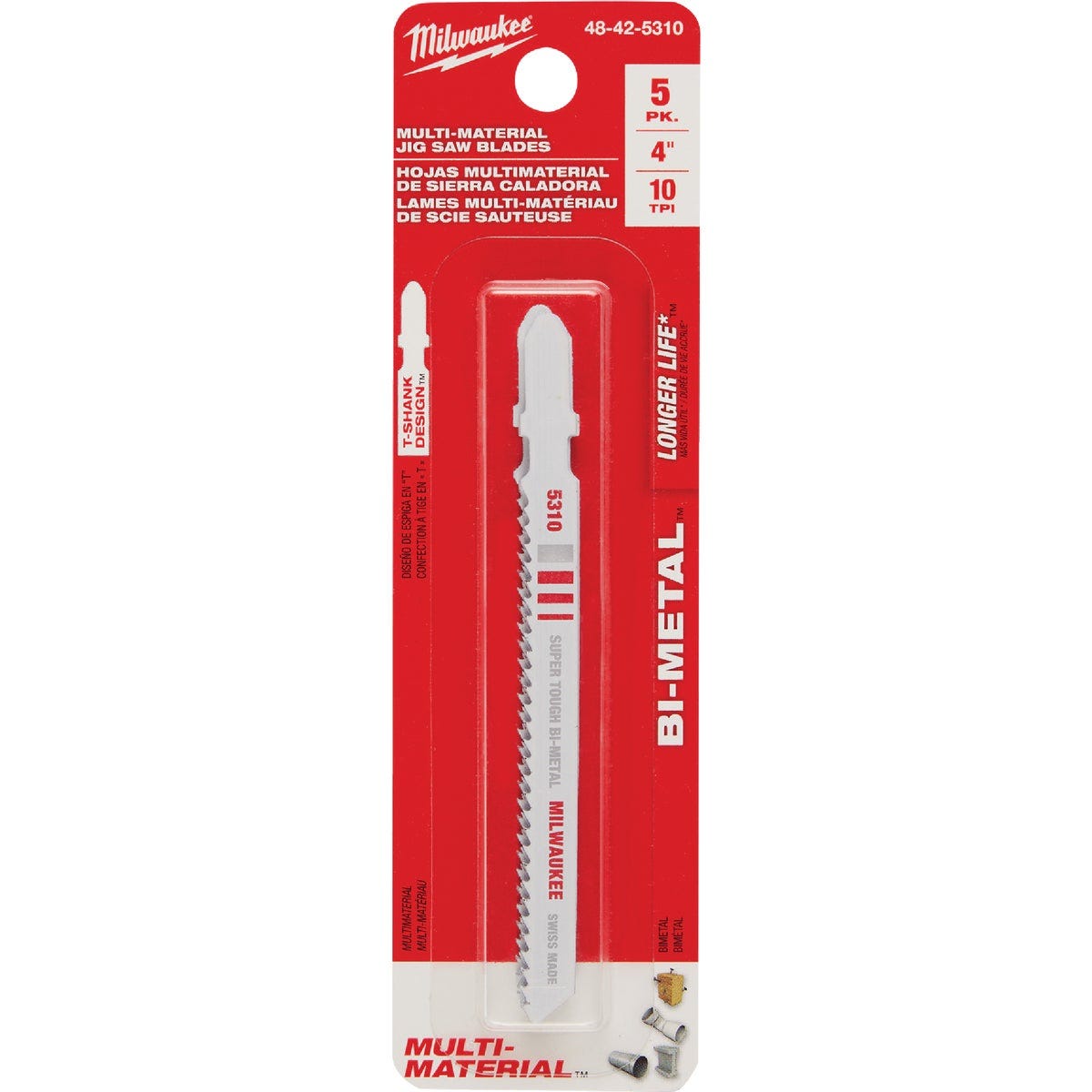 Milwaukee T-Shank 4 In. x 10 TPI Bi-Metal Jig Saw Blade, Wood with Nails (5-Pack)