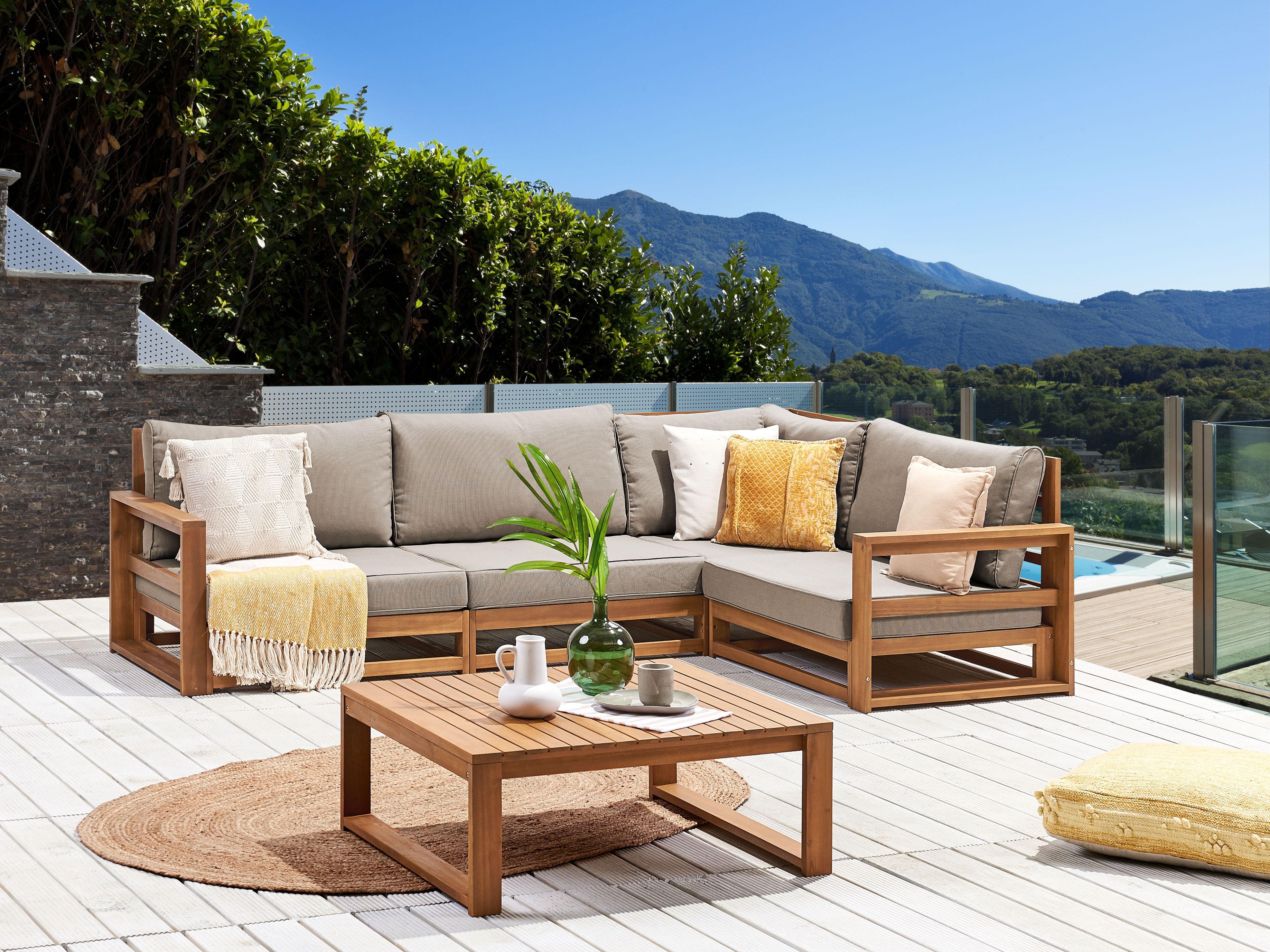 Garden Corner Sofa with Table 4 Seater TIMOR Left Hand Modular Certified Acacia Wood Light Brown