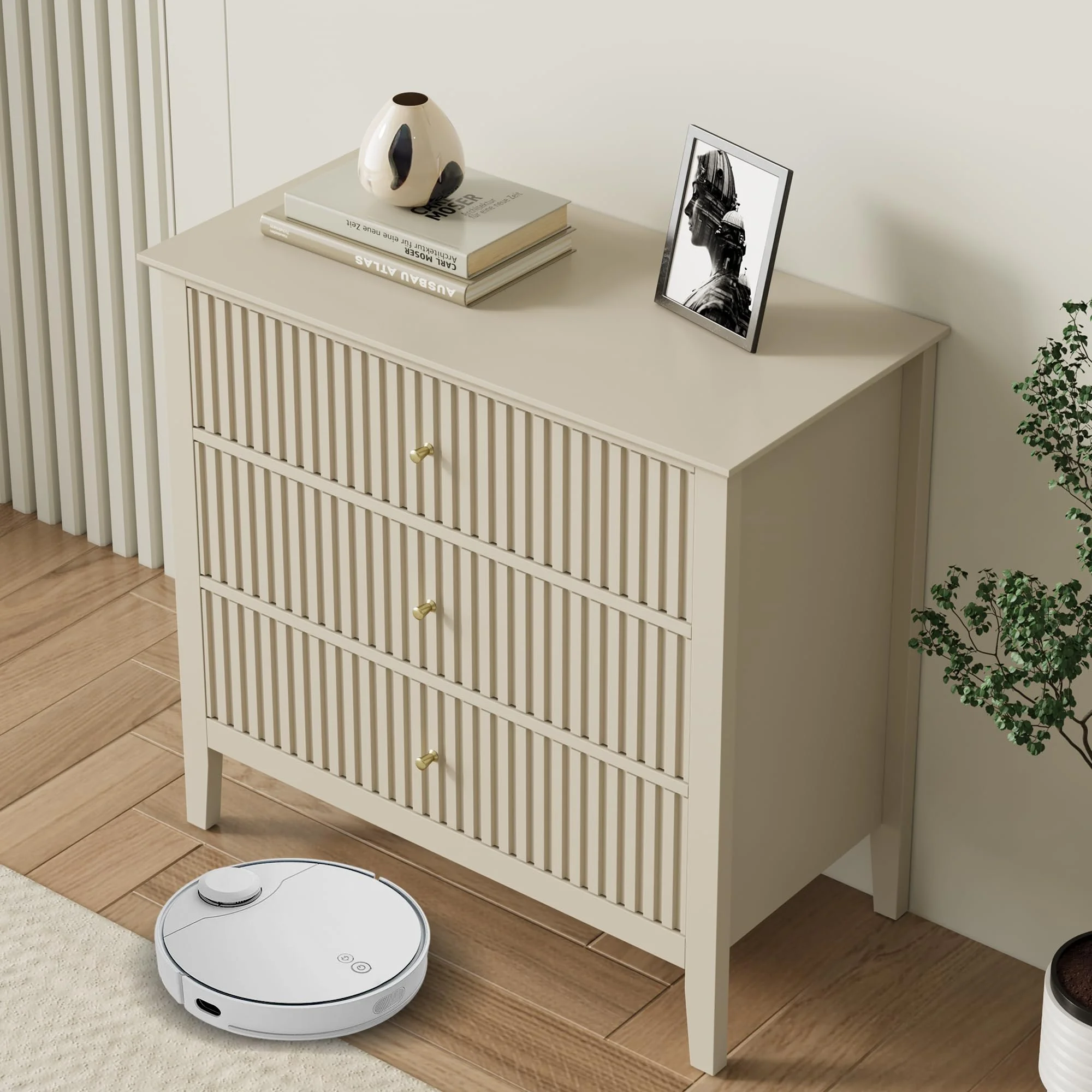 May Color Large White 3 Drawer Dresser Set of 2 with Fluted Panel, Modern Chest of Drawers with Silent Slide Drawers, Wood Accent Nightstand with Storage for Bedroom Living Room, Hallway - Image 47