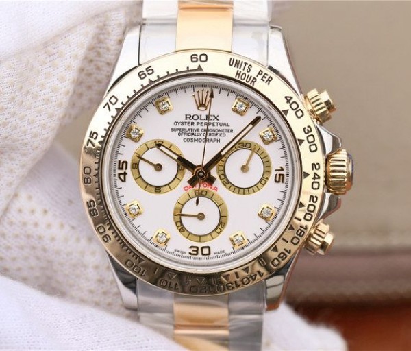 Replica Rolex Daytona 116523 Thick YG Wrapped White Dial Diamonds Markers Bracelet A7750 - Elite Watch Atelier