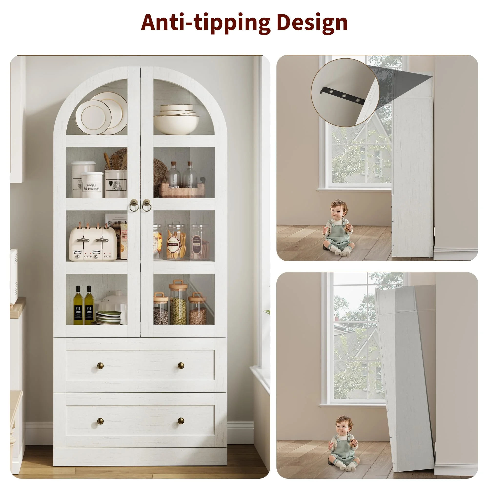 Luku 72" Tall Arched Kitchen Pantry Cabinet, Farmhouse Wood Storage Cabinet with Glass Door, 2 Large Drawers, Freestanding Organizer for Dining Room & Living Room - Image 4