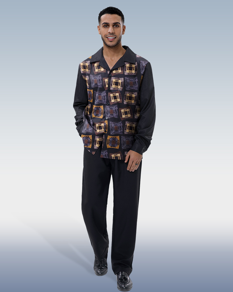 Square-print casual long-sleeve Shirt walking suit 001