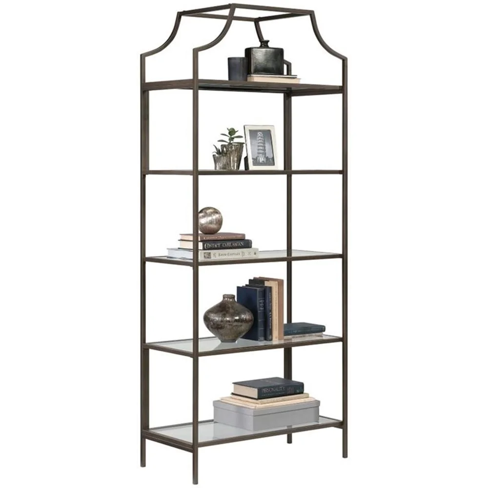 Pemberly Row 5-Shelf Modern Metal Bookcase in Gold Satin/Faux Deco Stone - Image 14