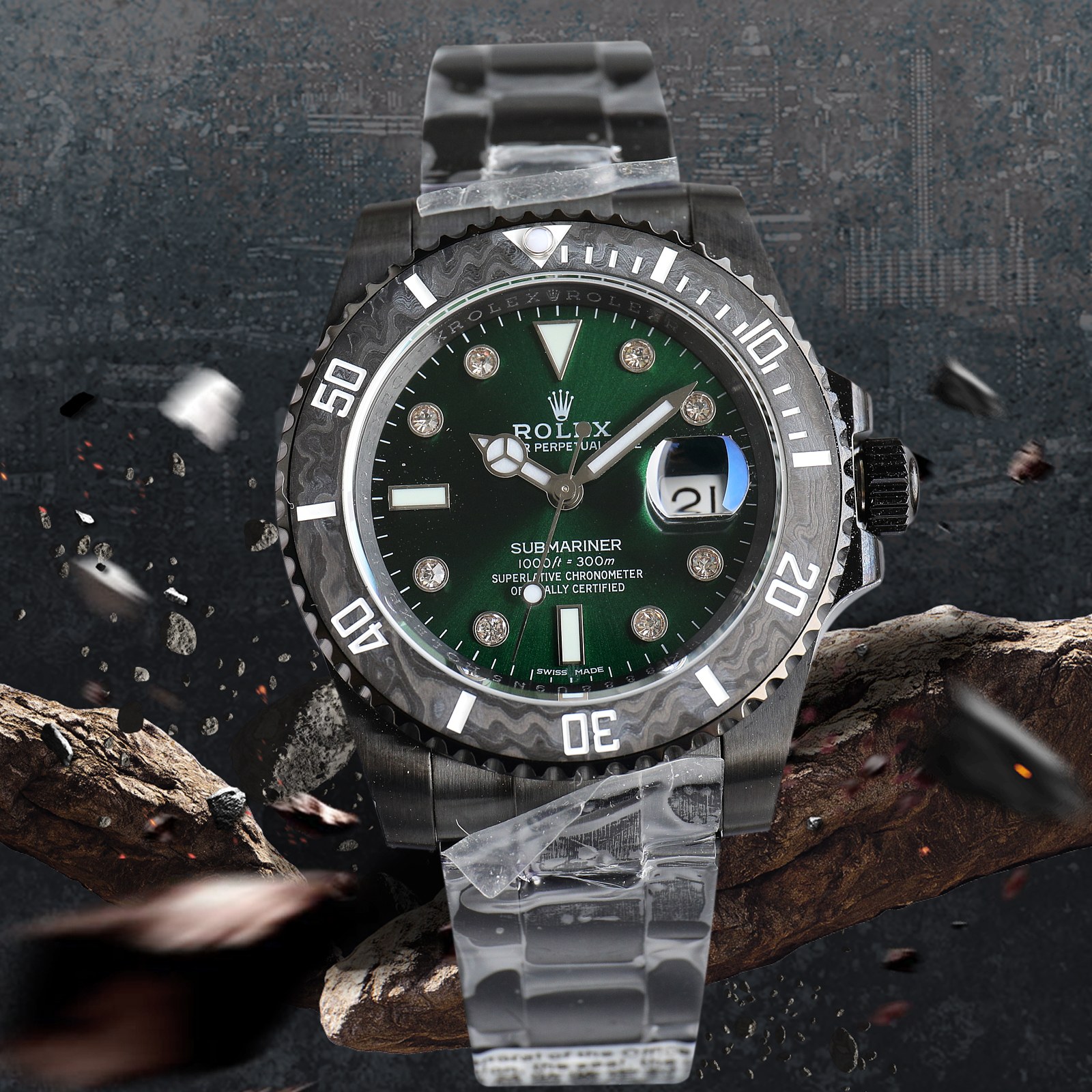 ROLEX Rolex Customized Submariner-Diamond Dial-Carbon Fiber Bezel-Black Green(1:1 replica) - Elite Watch Atelier