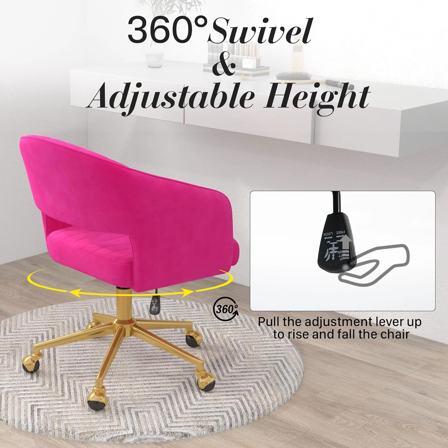 Home Office Swivel Desk Chair, Modern Velvet Vanity Chair, Height Adjustable Armchair with Gold Base, Ergonomic Office Chair for Task Study Computer Room, Beige - Image 28