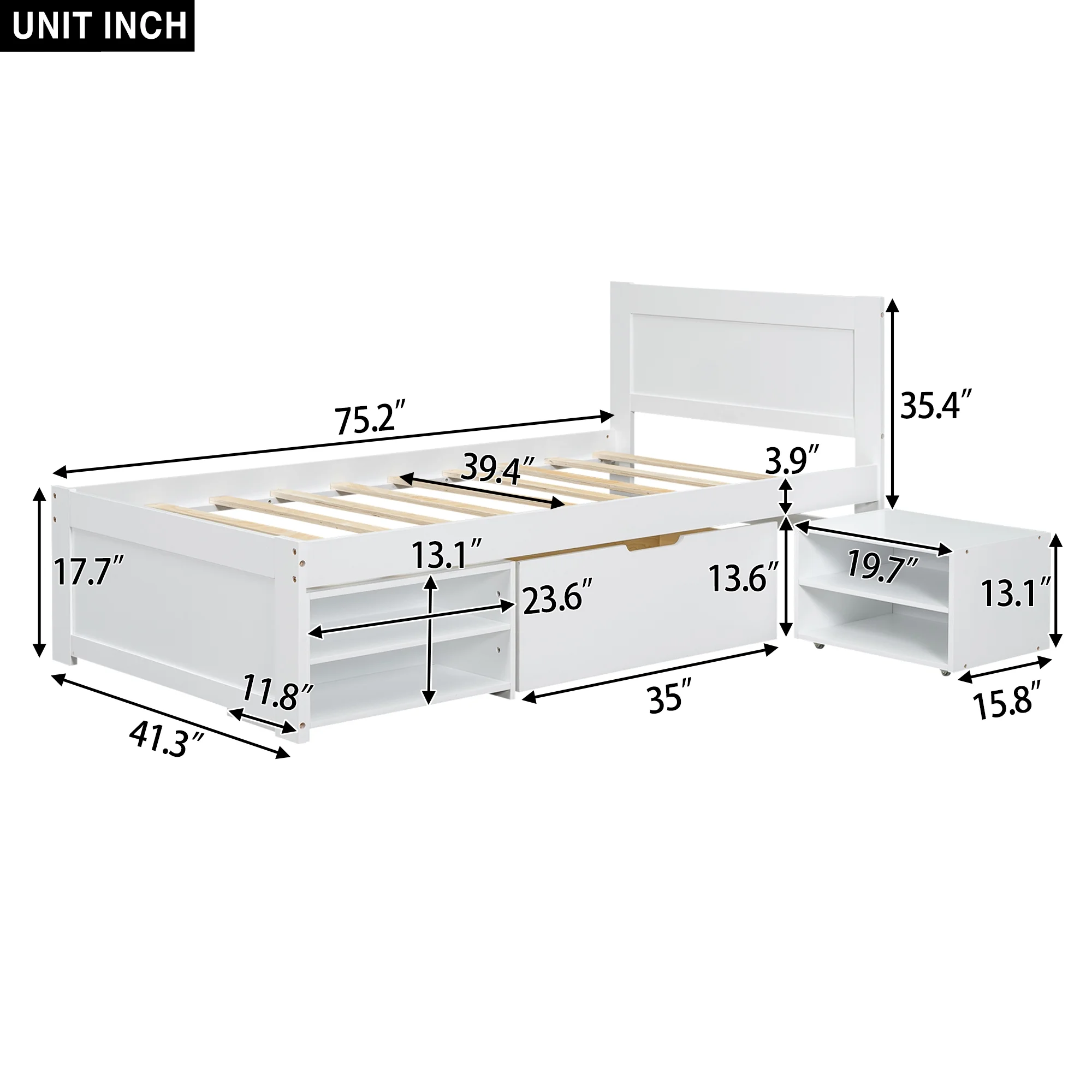 Harper & Bright Designs Twin Size Platform Bed with Drawer and 2 Shelves, Solid Wood Captain Bed Frame for Boys Girls Bedroom, Antique White