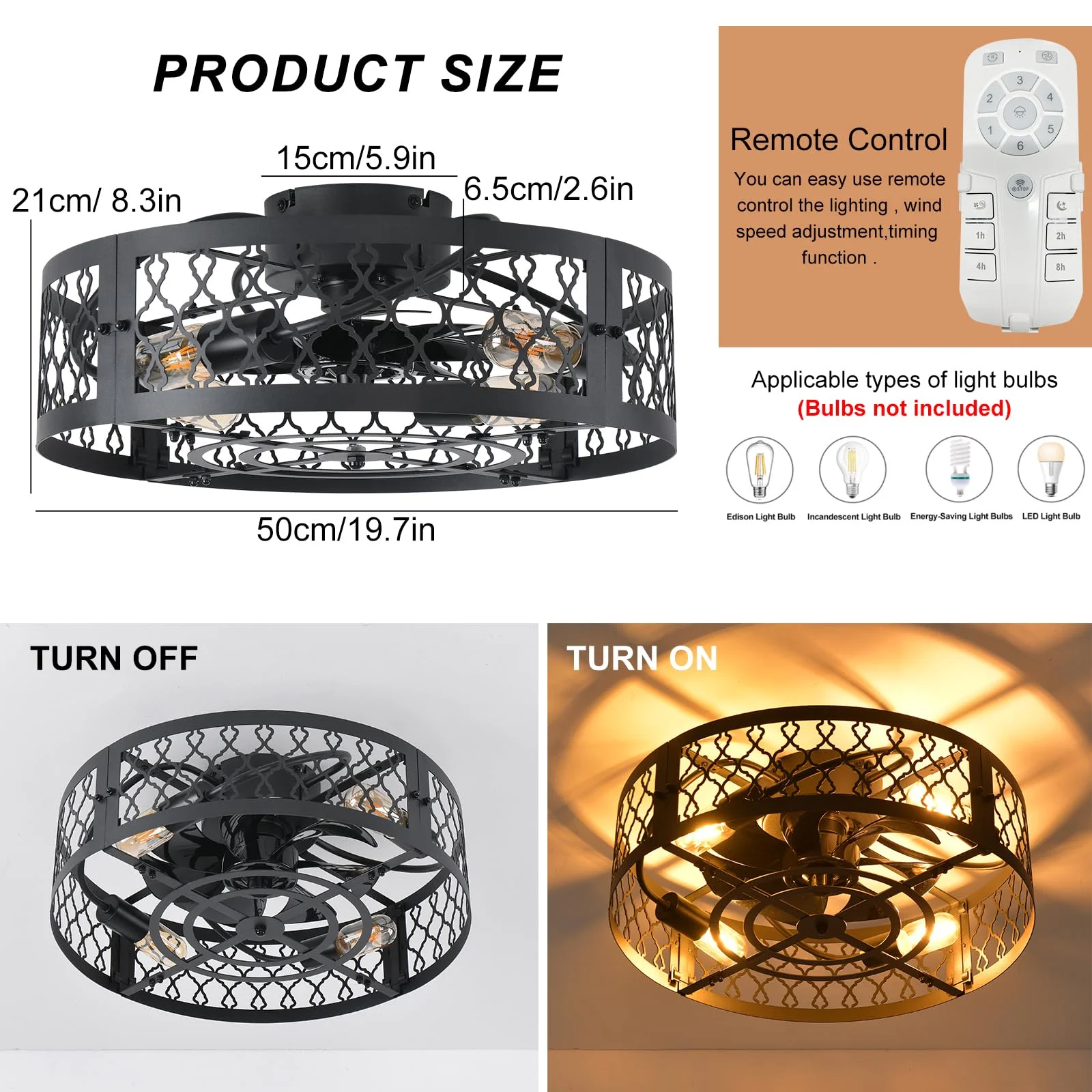 Garwarm 19.6'' Caged Ceiling Fan with Lights, Black Industrial Bladeless Ceiling Fans with Remote, Flush Mount Low Profile Ceiling Fan Fixtures for Home Office,Kitchen, Bedroom,Assembly Require