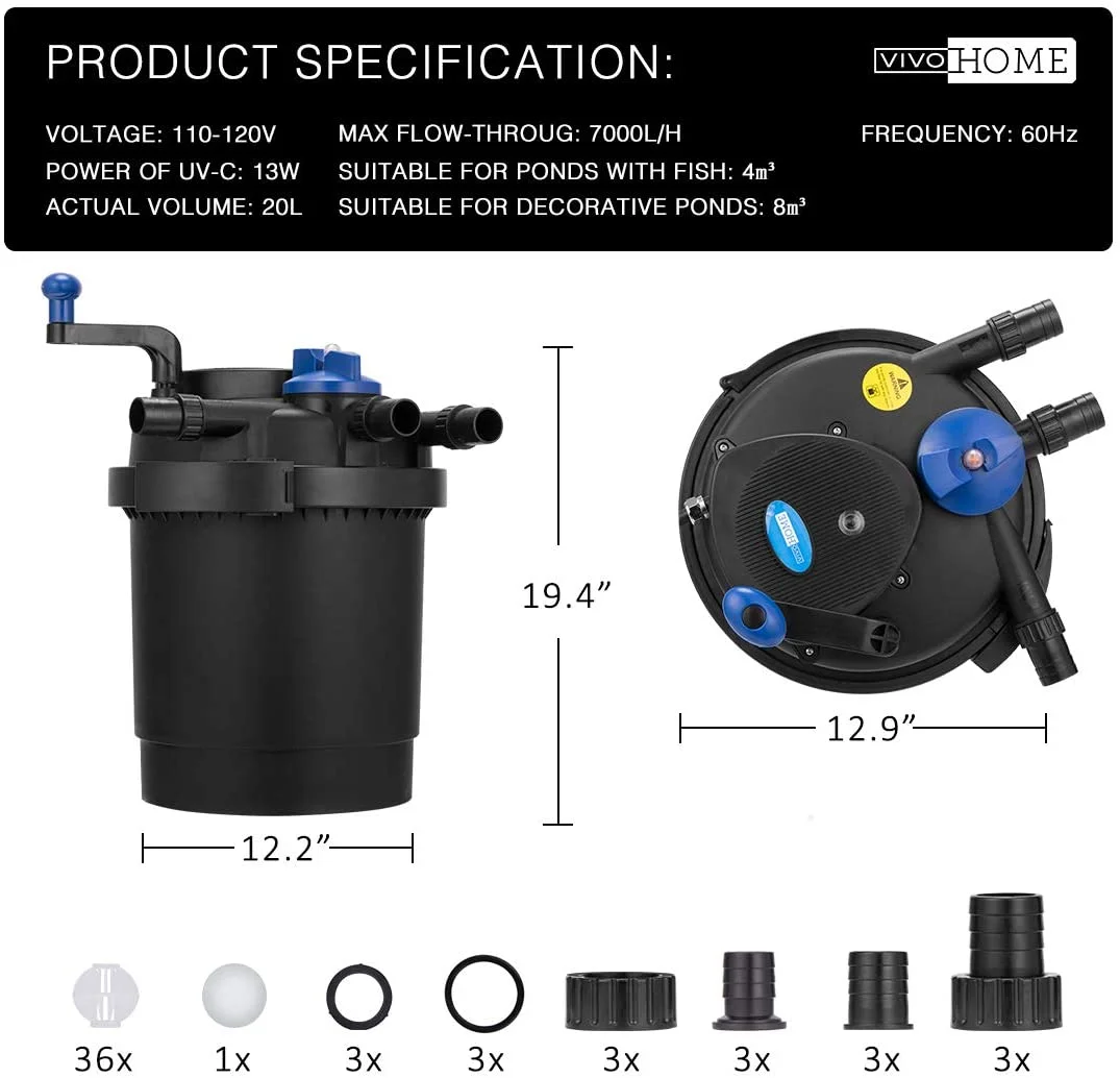 SPECSTAR Pressurized Biological Pond Filter with 13-watt Light, 1580 GPH Suitable for Koi Ponds up to 800 Gallons or Ornamental Ponds up to 1600 Gallons - Image 15