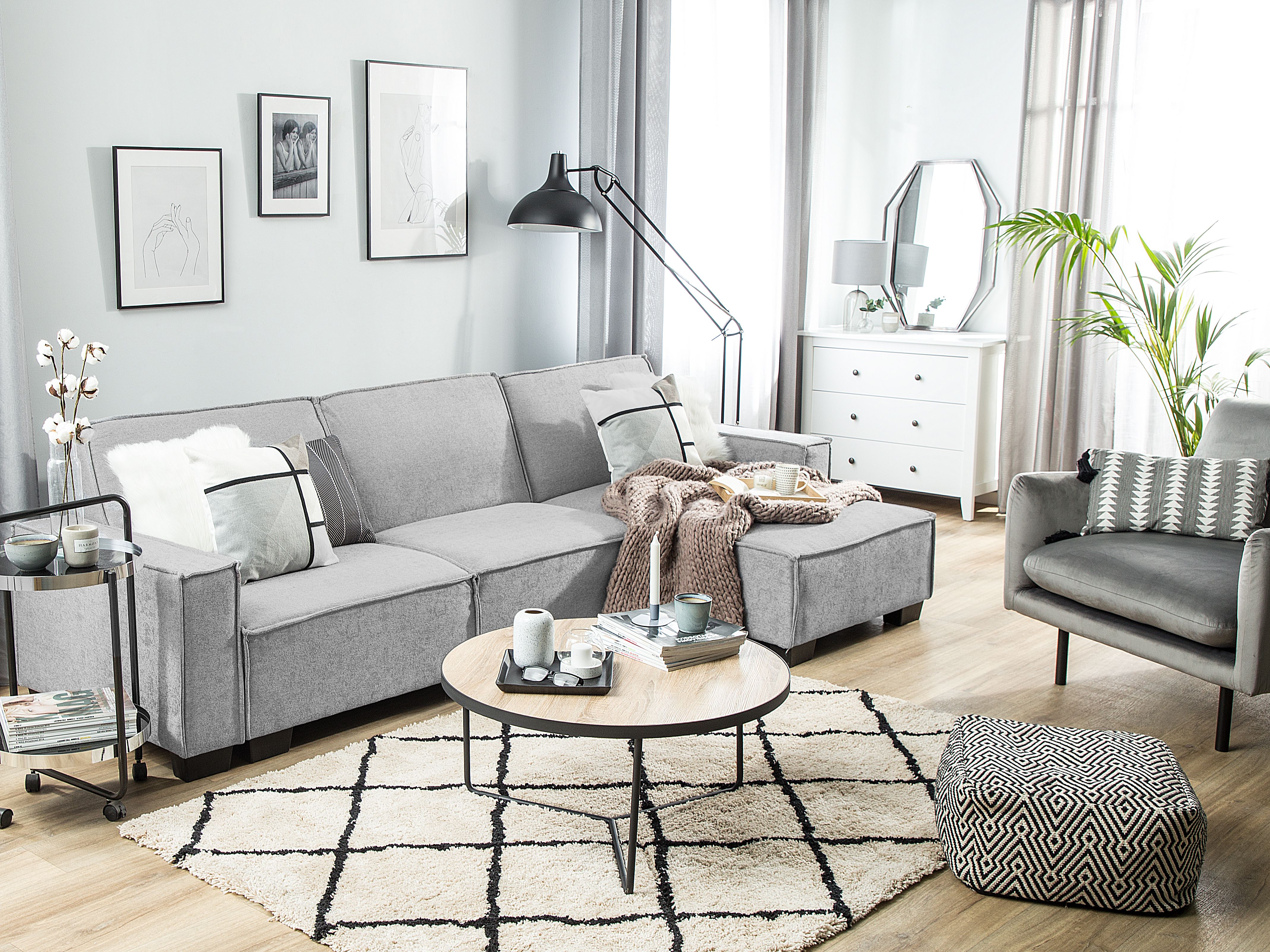Corner Sofa Bed 3 Seater ROMEDAL Fabric Light Grey Left Hand
