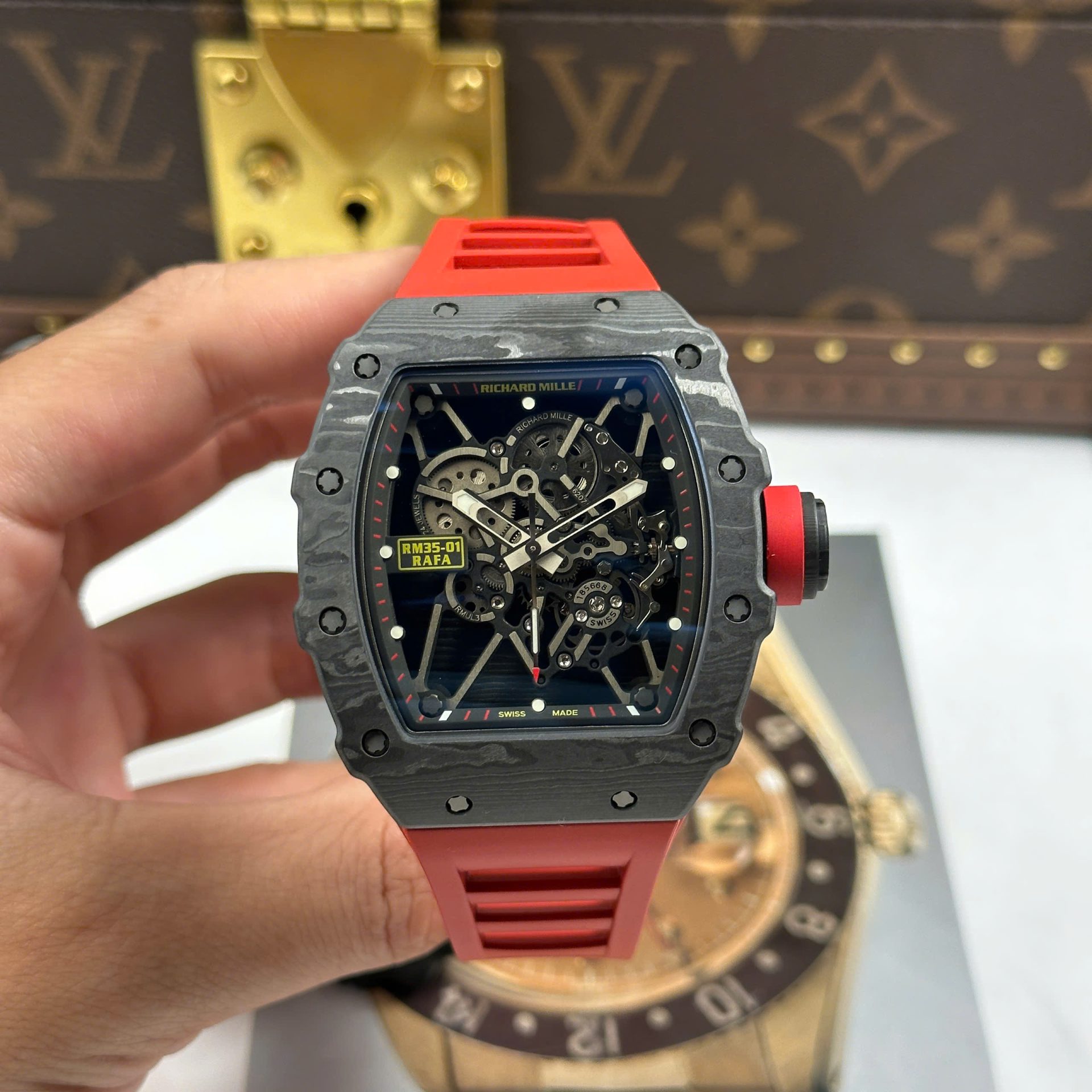 Richard Mille RM35-01 Rafael Nadal Carbon NTPT Copies Watches Red Rubber Strap ZF Factory 49,9x43mm - Elite Watch Atelier