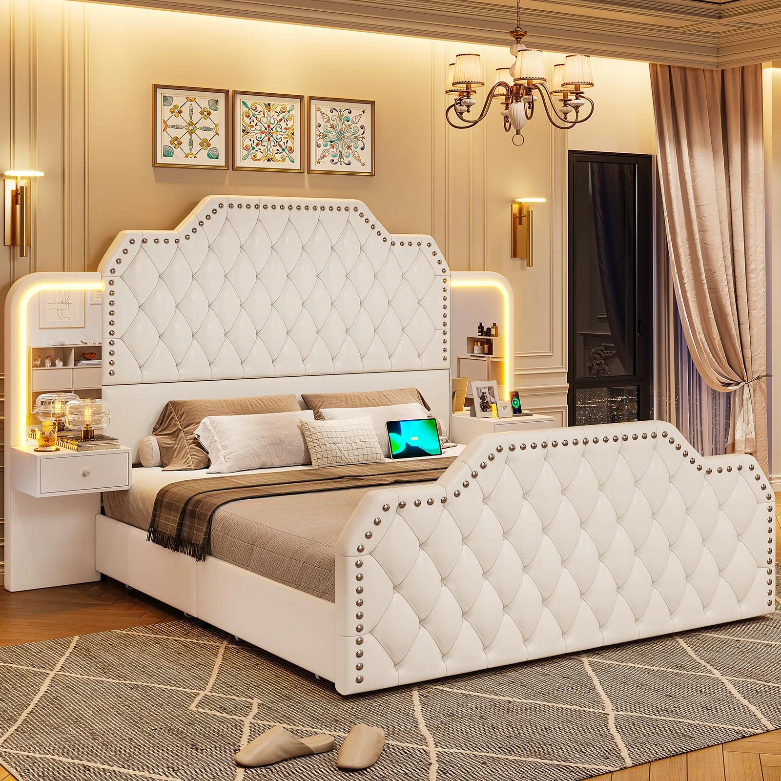 Queen Bed Frame with 2 Nighstands, Power Outlets and 4 Drawers, Upholstered Bed with Vanity Tables and Mirrors, Modern Velvet Tufted Platform Bed with Headboard & Footboard, Black - Image 12