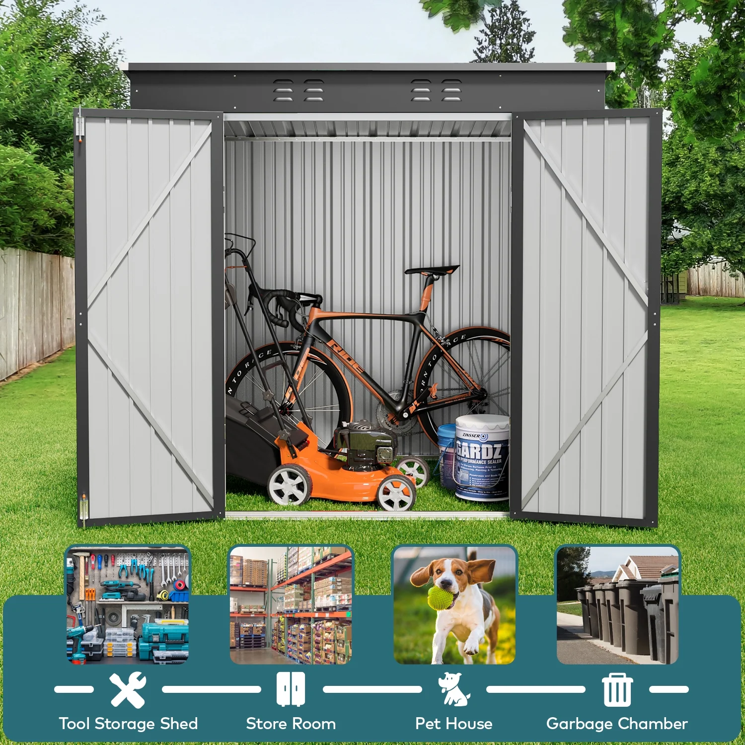 5'x3' Outdoor Storage Shed, Lofka Metal Storage Tool Shed with Single Lockable Door, for Bike| Garden Tools| Patio, Grey - Image 43