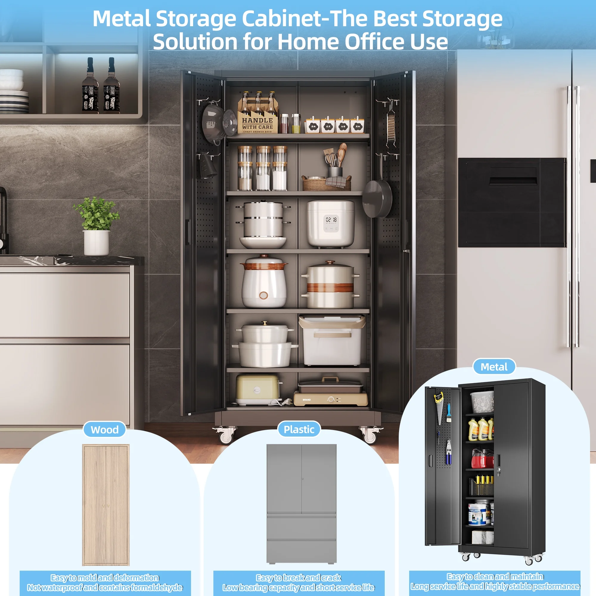 GangMei 71 inches Tall Metal Rolling Garage Storage Cabinets with Locking Doors and 5 Adjustable Shelves, Metal Storage Cabinet for Garage, Office, Home, Classroom, Assemble Required(Black) - Image 9