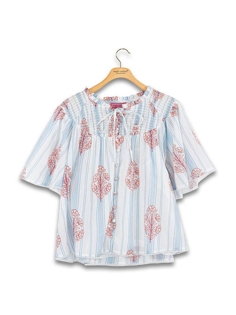 0126-TOP-SHIRD-FLRL-BLUE - Simply Southern Outlet